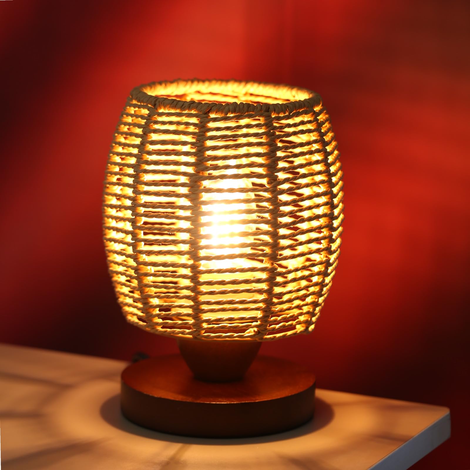 Dkconony Rattan Table Lamp,Boho Small Beside Lamp,Farmhouse Table Lamp For Room Decor,Vintage Wicker Wooden Nightstand Bamboo Woven End Table Lamps For Bedroom Living Room Desk Kids Room,Led Bulb Included