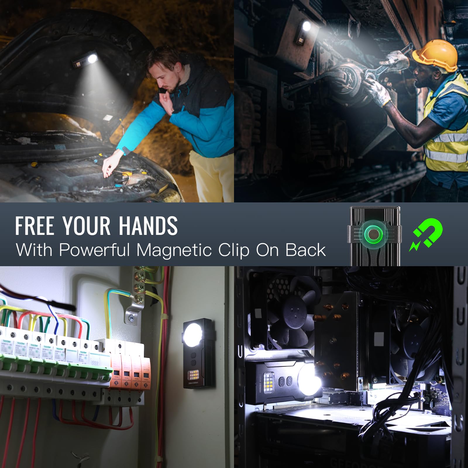 Weneasker Rechargeable Led Work Light, 2000 Lm Magnetic Flashlight, Dual Light Sources Pocket Flashlight With Clip, Portable Flat For Working, Camping, Repairing, Emergencies