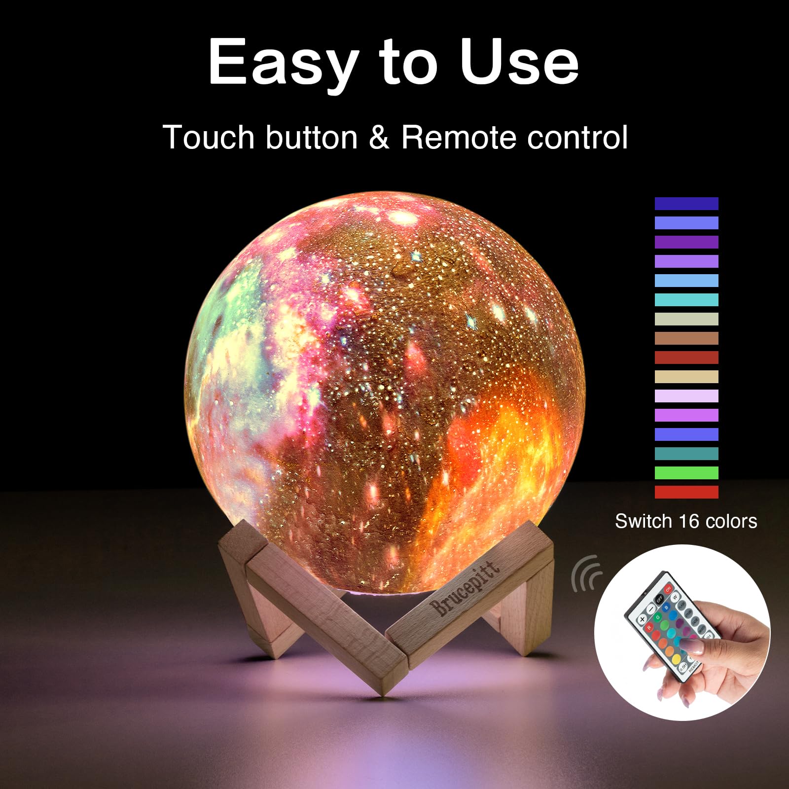 Brucepitt Moon Lamp Galaxy Lamp  Timing 4.7 Inch 16 Colors 3D Moonlight Galaxy Light,Moon Night Light For Adults,Kids Lamp Moon  For Women Girls Boys Bedroom