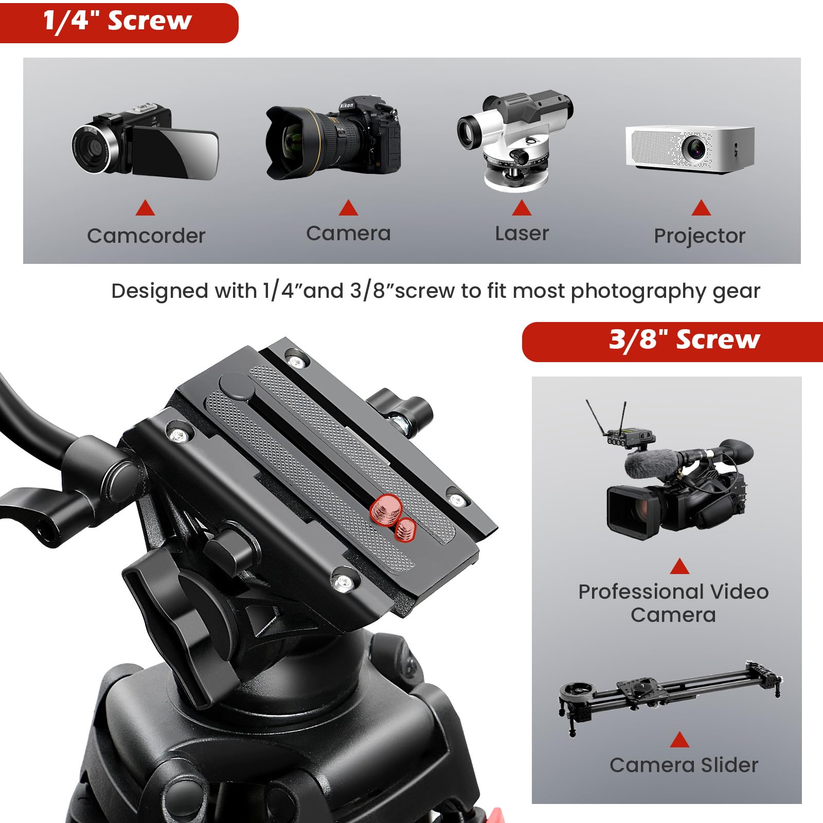 Zikzok 82" /210Cm Professional Video Tripod, Heavy Duty Aluminum Alloy Camera Tripod Stand With 360° Fluid Drag Head, Qr Plate Compatible With Canon Nikon Sony Dslr Camera Camcorder (Load 33Lb)