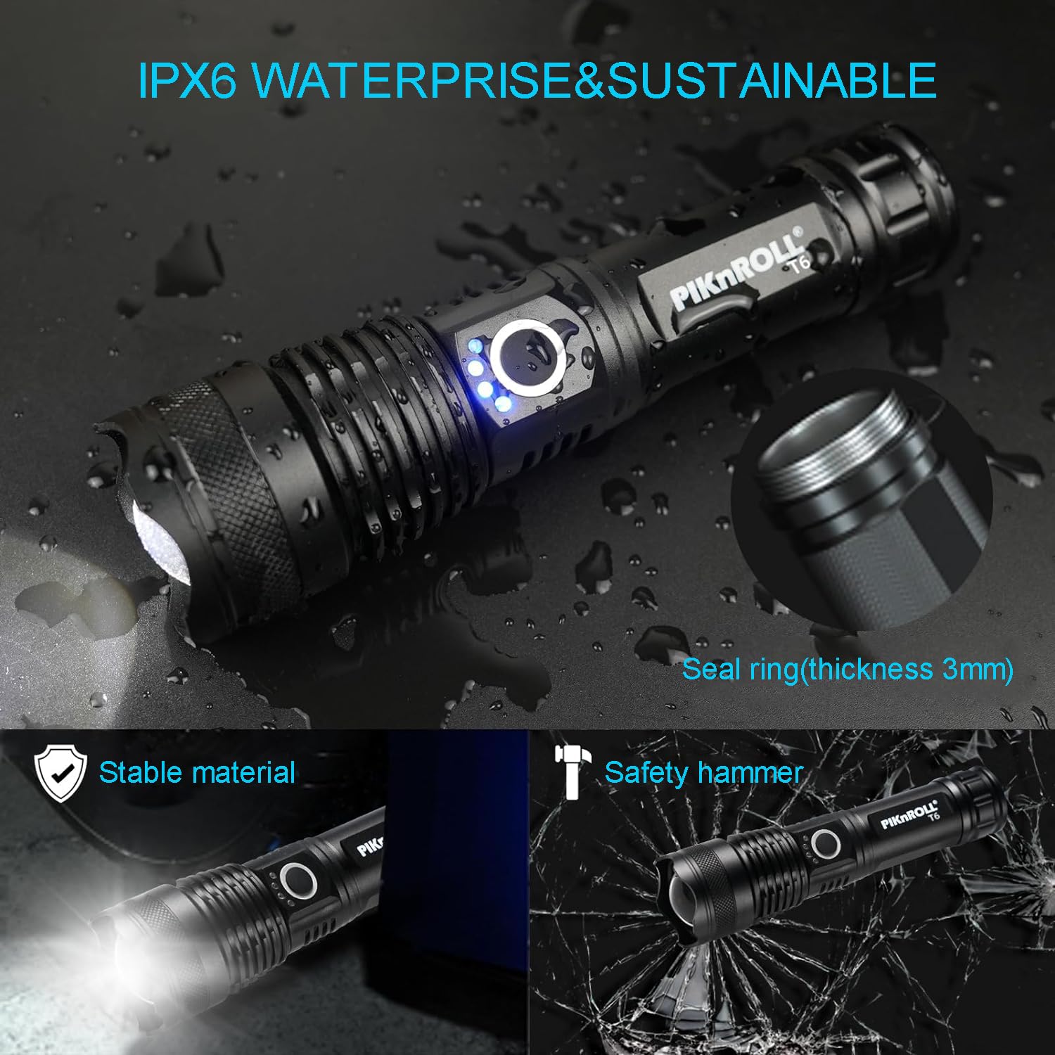 Piknroll T6 Rechargeable Flashlights High Lumen, 10000Lm Powerful Tactical Flashlight, 5 Modes Super Bright Led Flashlight, Usb Rechargeable Flashlight For Hiking, Outdoor, Emergency