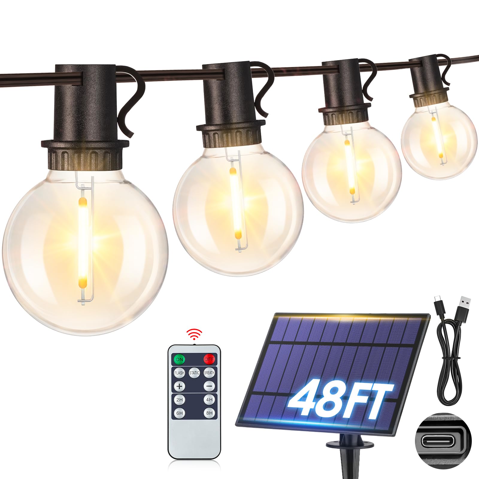Mlambert 48Ft Solar String Lights With Remote, Outdoor Waterproof Patio Lights With 18 Led Shatterproof G40 Bulbs(1 Spare) For Backyard-Black Wire