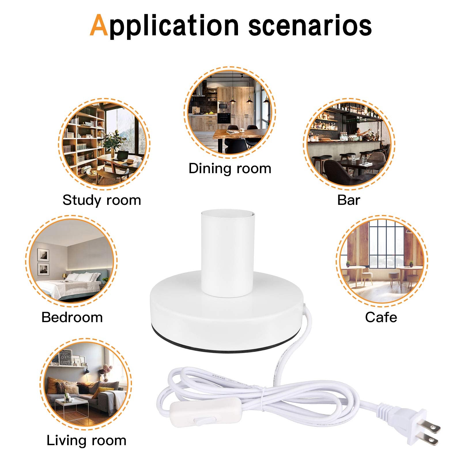 Helunsi Industrial Table Lamp Base - E26/E27 Edison Light Bulb Stand, Exposed Bulb, Simple Metal, 5.8Ft Cord Switch Plug, White