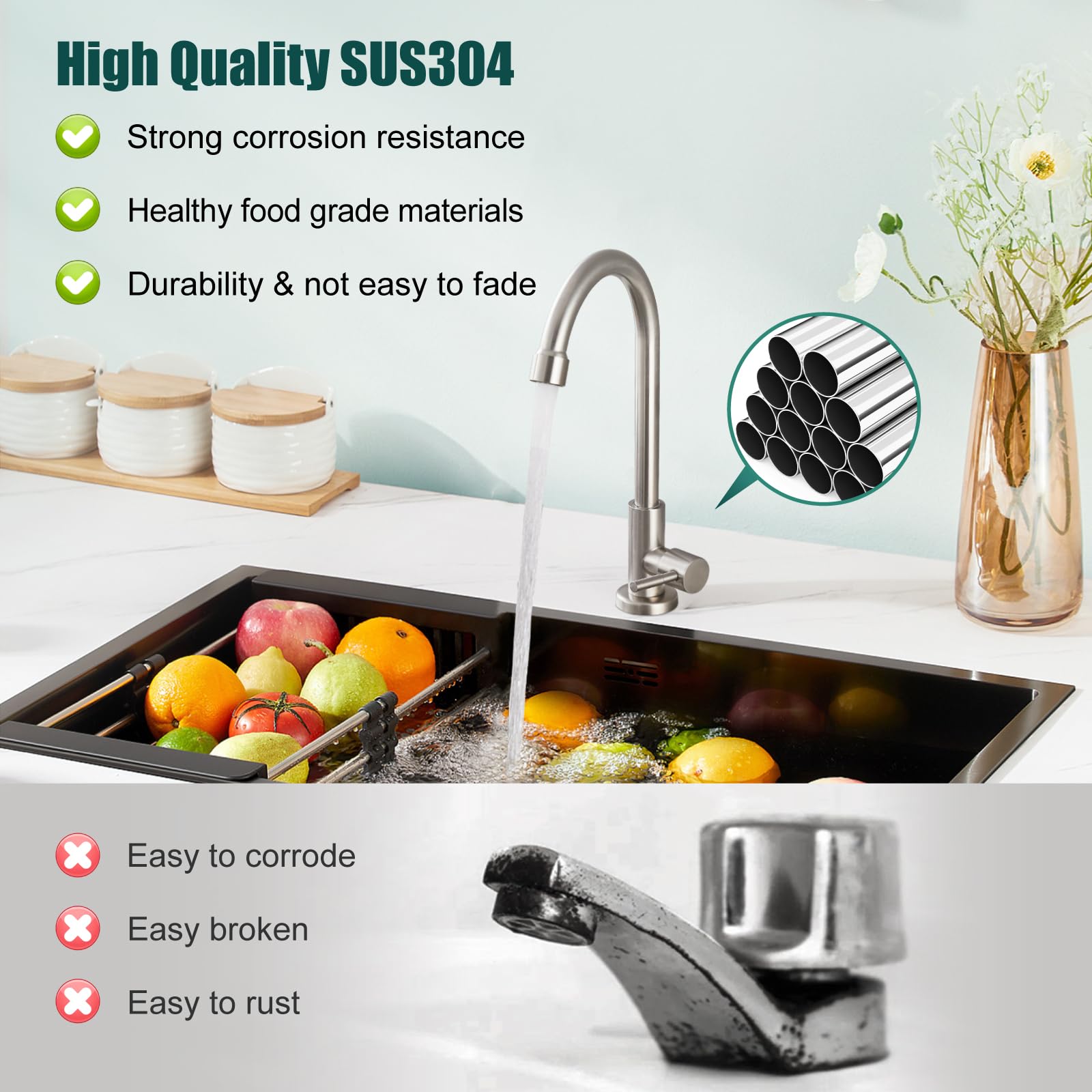 Heyalan Brushed Nickel Kitchen Faucet Cold Water Only 1 Hole Single Handle 360 Degree Swivel Spout Deck Mount High Arc Sus304 Sink Bar Tap Goose Neck With Hose And Longer Thread Pipe