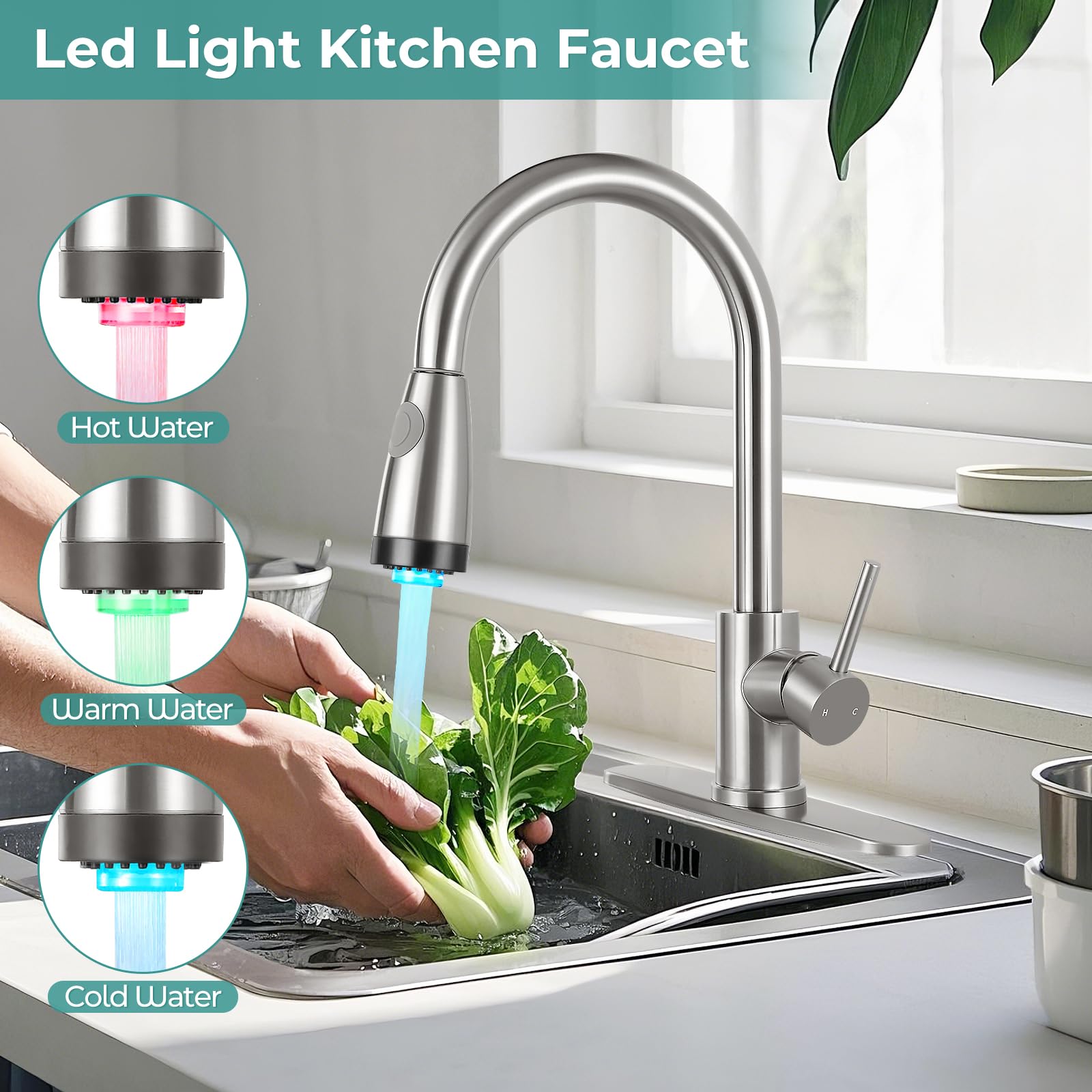Aklfgn Led Light Kitchen Faucet With Pull Down Sprayer High Arc Single Handle Stainless Steel Sink Faucets, Suitable For 1 Or 3 Hole Brushed Nickel Kitchen Faucet