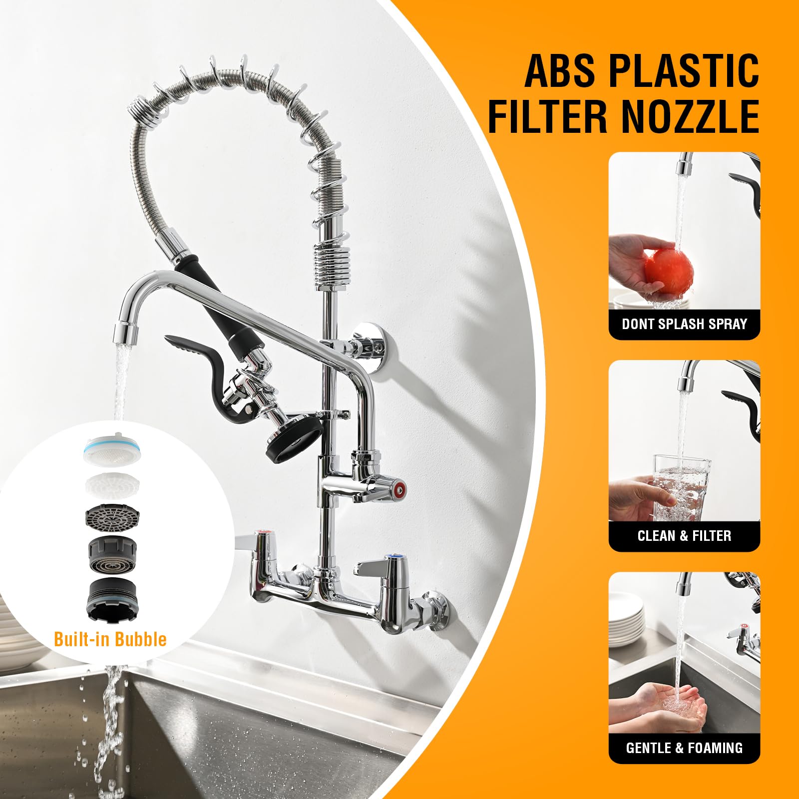 Gimili Commercial Kitchen Faucet Wall Mount With Pre-Rinse Sprayer 8 Inch Center Wall Mount Kitchen Sink Faucet Swing Spout 25" Height Faucet With Pull Down Spray