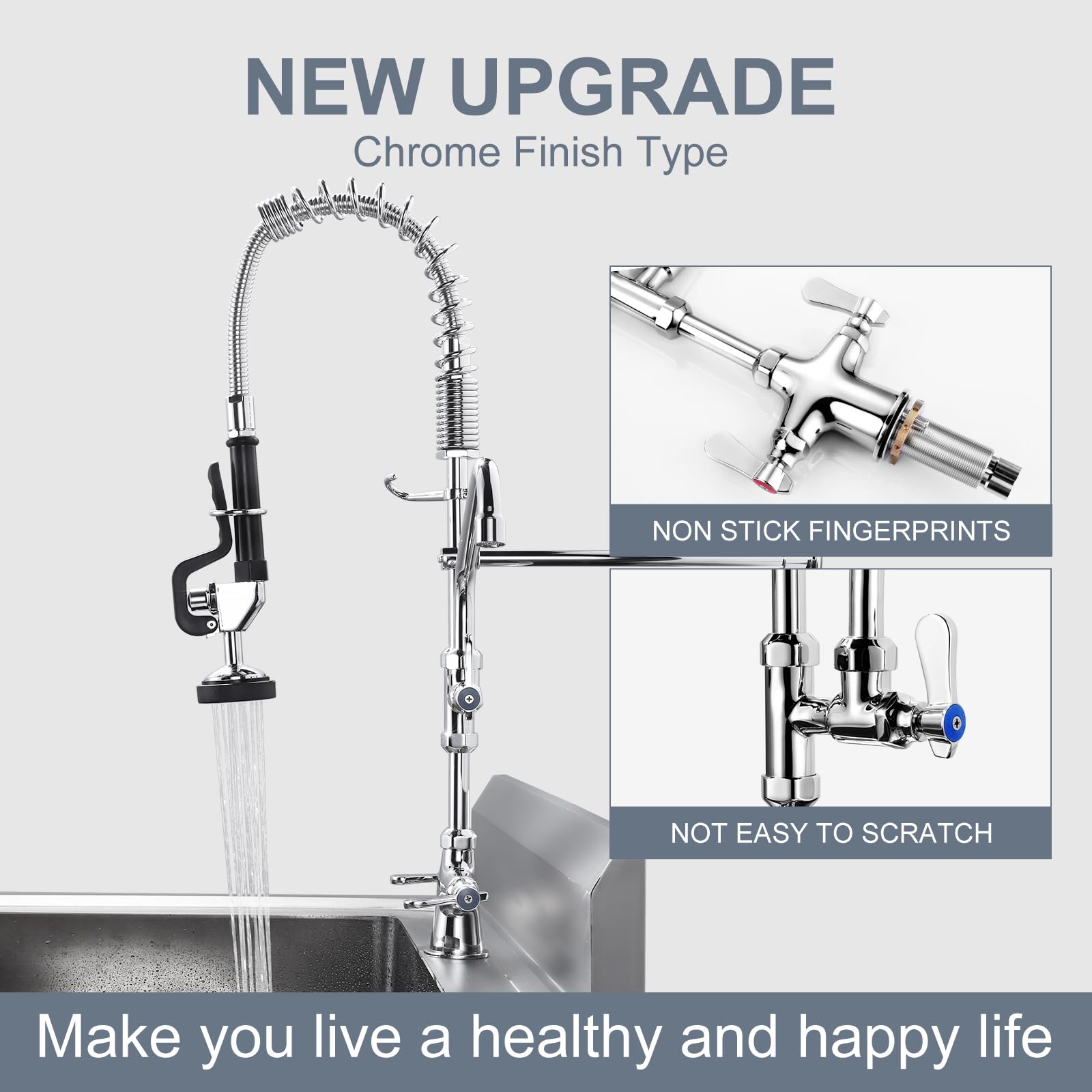 Iviga Single Hole 27" Height Commercial Kitchen Faucet Deck Mount With Pre-Rinse Sprayer, Commercial Sink Faucet With 10" Add-On Swing Spout & Spring Pull Down Sprayer For Restaurant Hotel