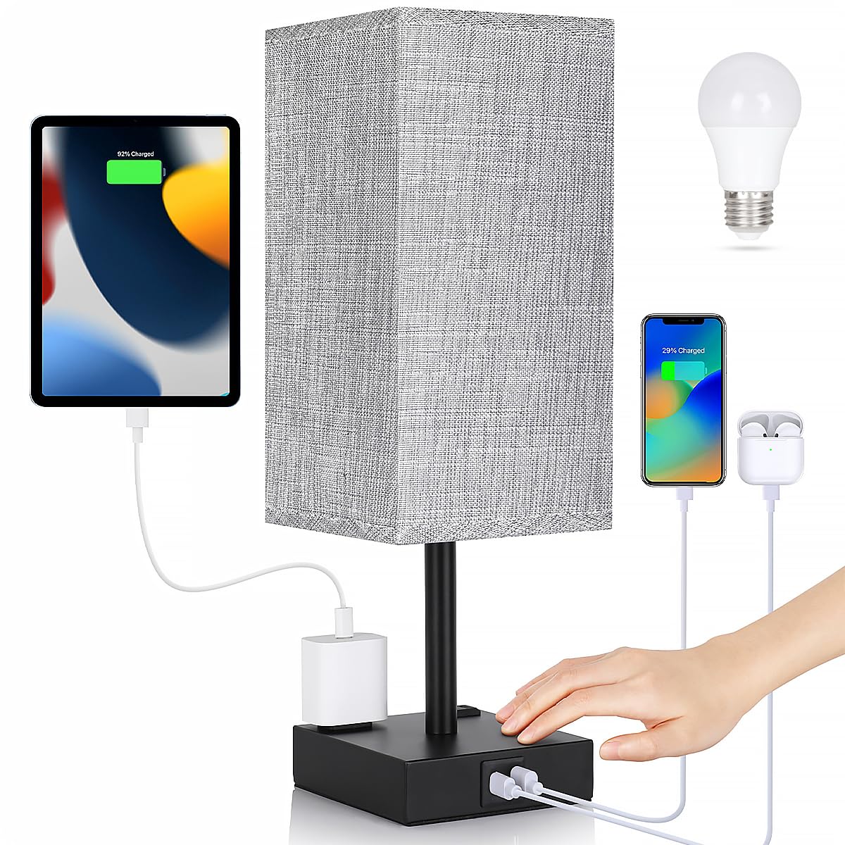 Soilsiu Bedside Table Lamp For Bedroom - Touch Small Lamp With Usb C+A Charging Ports & Ac Outlets, 3 Way Dimmable Nightstand Light For Living Room (Led Bulb Included, Grey)