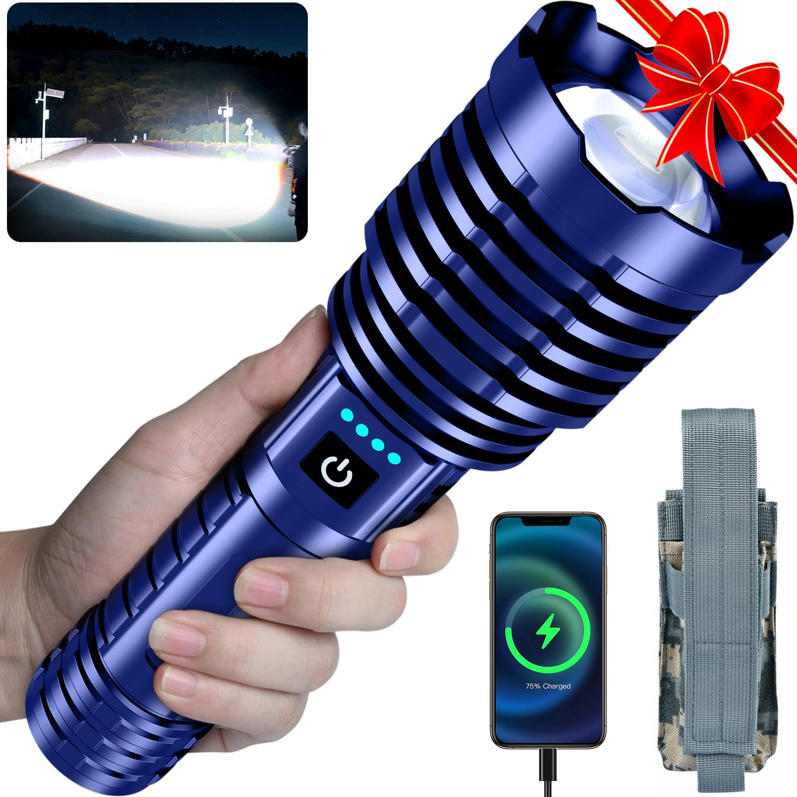 Baibian Super Bright Flashlight 2400000 High Lumens, Handheld Flashlight Rechargeable Powered By Battery, Led Waterproof Tactical Flashlights-Zoomable 5 Modes-31H Runtime-Holster For Emergency Camping (Blue)