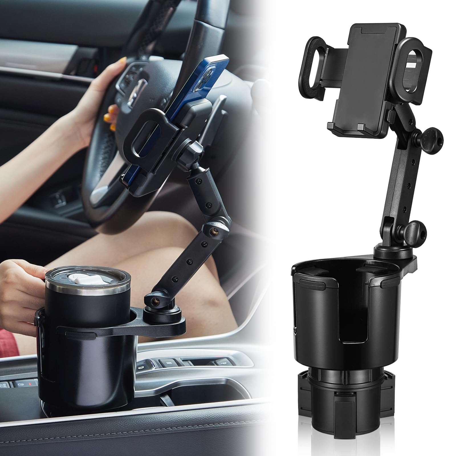 Scrwvess Cup Holder Phone Mount, 2 In 1 Cup Holder Expander For Car Long Arm With 360°Rotation Cup Holder Cell Phone Holder For Car Compatible With All Smartphones