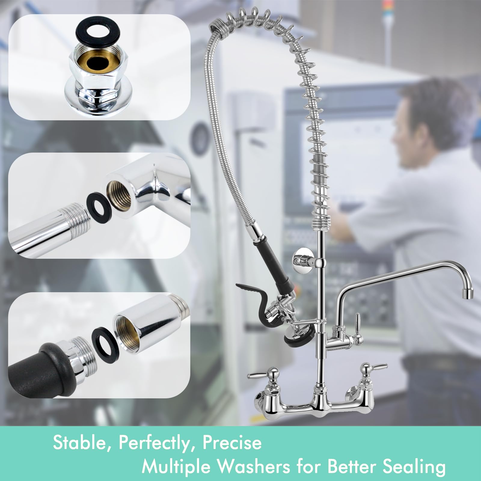 Golrean Commercial Sink Faucet With Pre Rinse Sprayer, Wall Mount Kitchen Faucet For 3 Compartment Sink, 36" Height, 8 Inch Restaurant Commercial Faucet With 12’’ Spout, Brass, Industrial