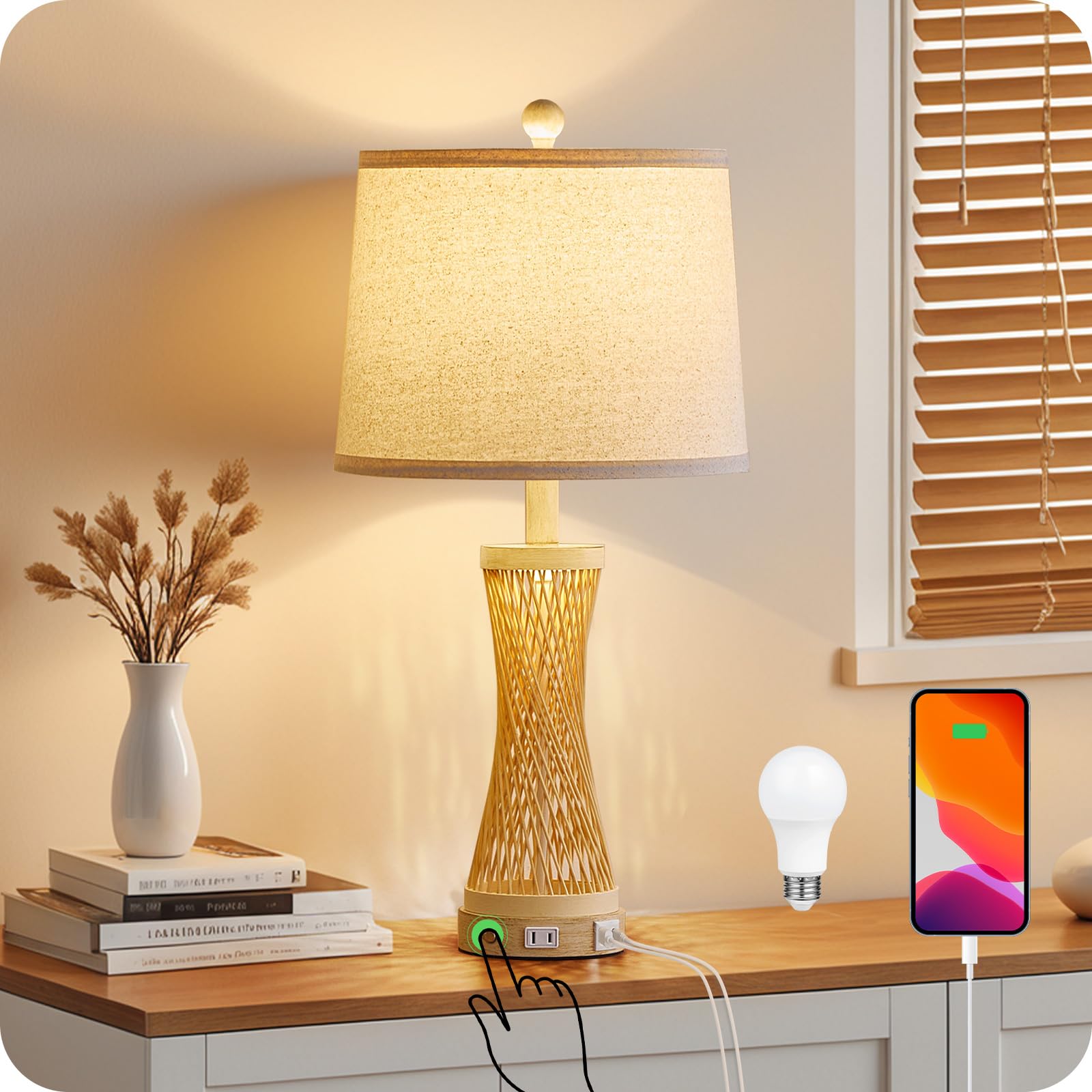 Goebleson 24.4” Farmhouse Rattan Table Lamp, Touch Bedside Lamp For Bedroom With 3-Way Dimmable Night Light, Usb A+C Charging Ports, Bamboo Boho Nightstand Lamp With Cream Linen Shade (Bulbs Included)