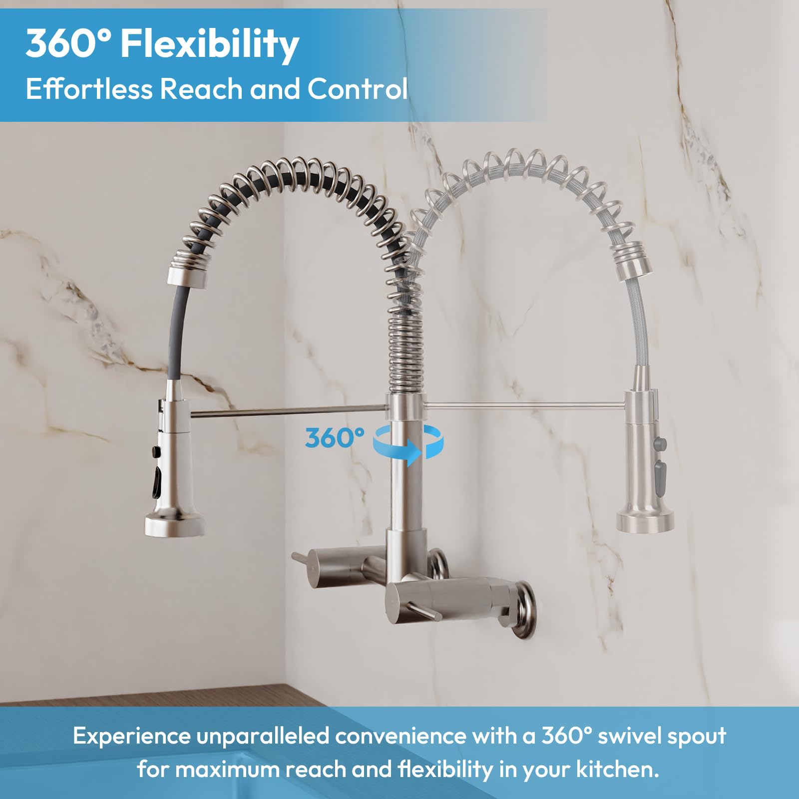 Besdor Wall Mount Kitchen Faucet, 8 Inch Center Wall Mount Faucet With Pull Down Sprayer, Commercial Spring Wall Faucet For Kitchen Sink, 3 Functions, Dual Handle, 304 Stainless Steel, Brushed Nickel