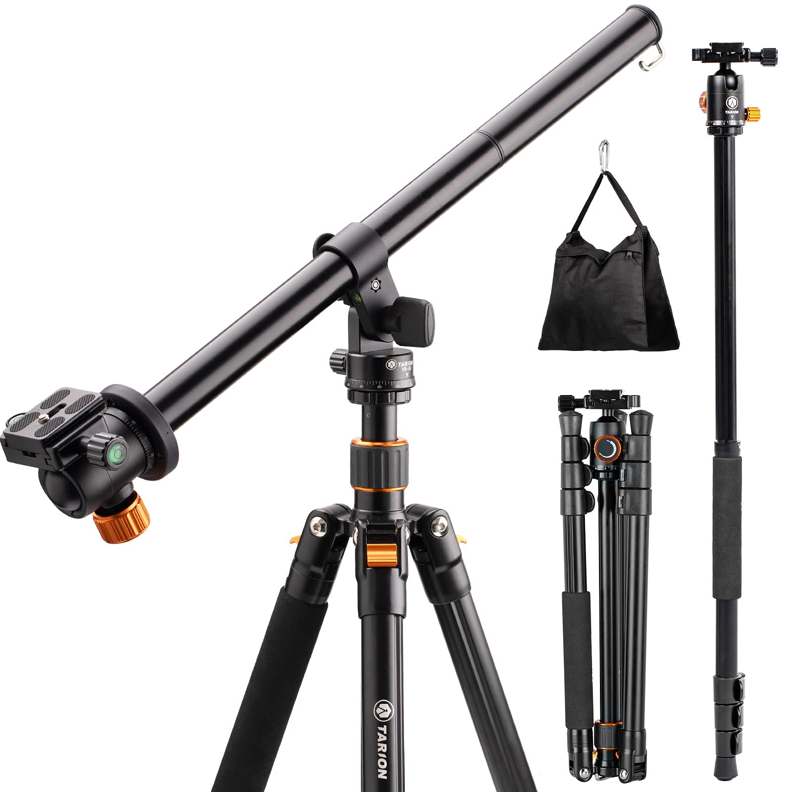 Tarion Camera Tripod Monopod 61" Panorama Ball Head Foldable With 12.6" Horizontal Tripod Extension Arm Boom And Counterweight Sandbag For Overhead Photography And Filming