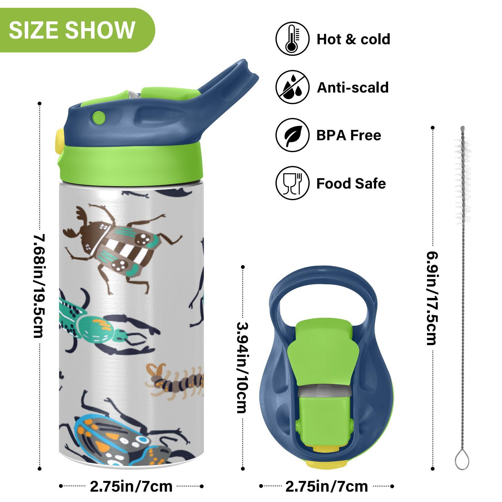 Kids Water Bottle Bright Bugs Insulated Water Bottle With Straw 12Oz Stainless Steel Double Walled