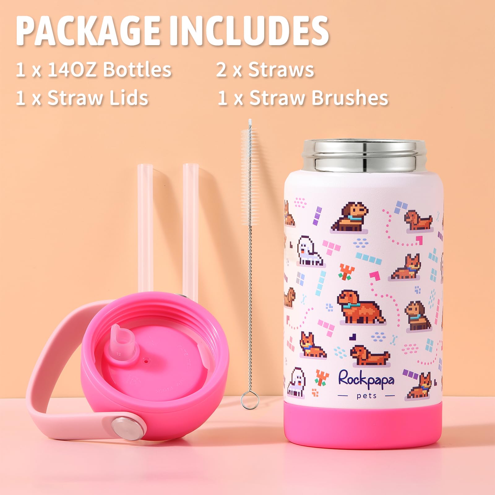 Rockpapa Kids Insulated Water Bottle With Straw,-, 18/8 Stainless Steel, Leak Proof, 14Oz M