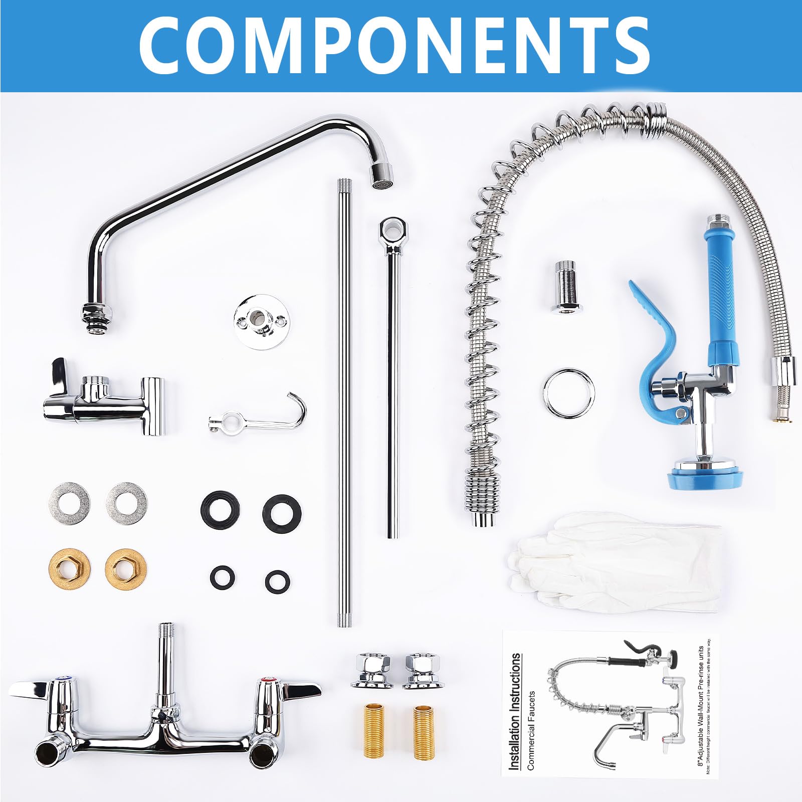 Bzimak 43" Commercial Sink Faucet,Commercial Faucet With Pre-Rinse Sprayer, 8" Adjustable Center & 360° 12Inch Swing Spout, Wall Mount C Ommercial Kitchen Fa Ucet With Sprayer For 1/2/3 Compartment Sink