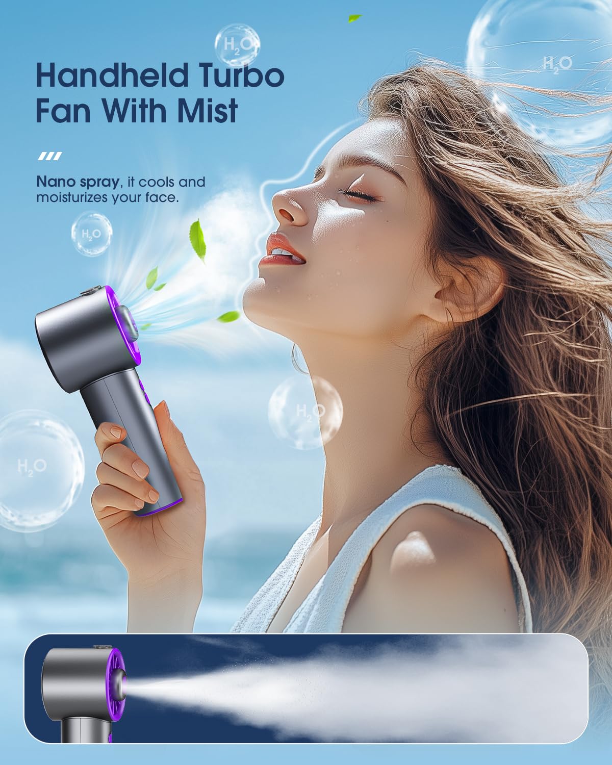 Ausic handheld turbo fan with mist feature, 3 speeds, providing powerful cooling and refreshing mist
