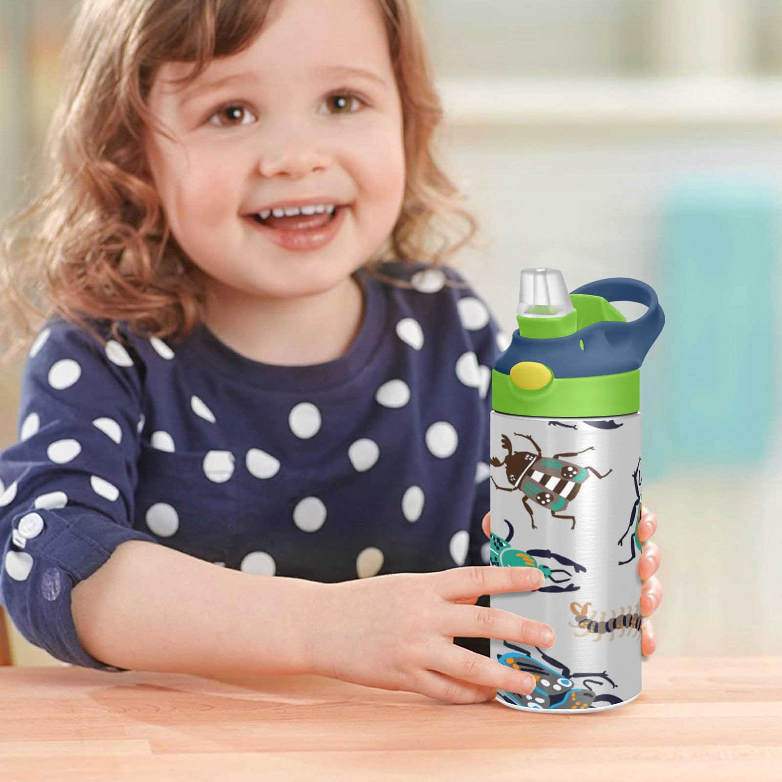 Kids Water Bottle Bright Bugs Insulated Water Bottle With Straw 12Oz Stainless Steel Double Walled