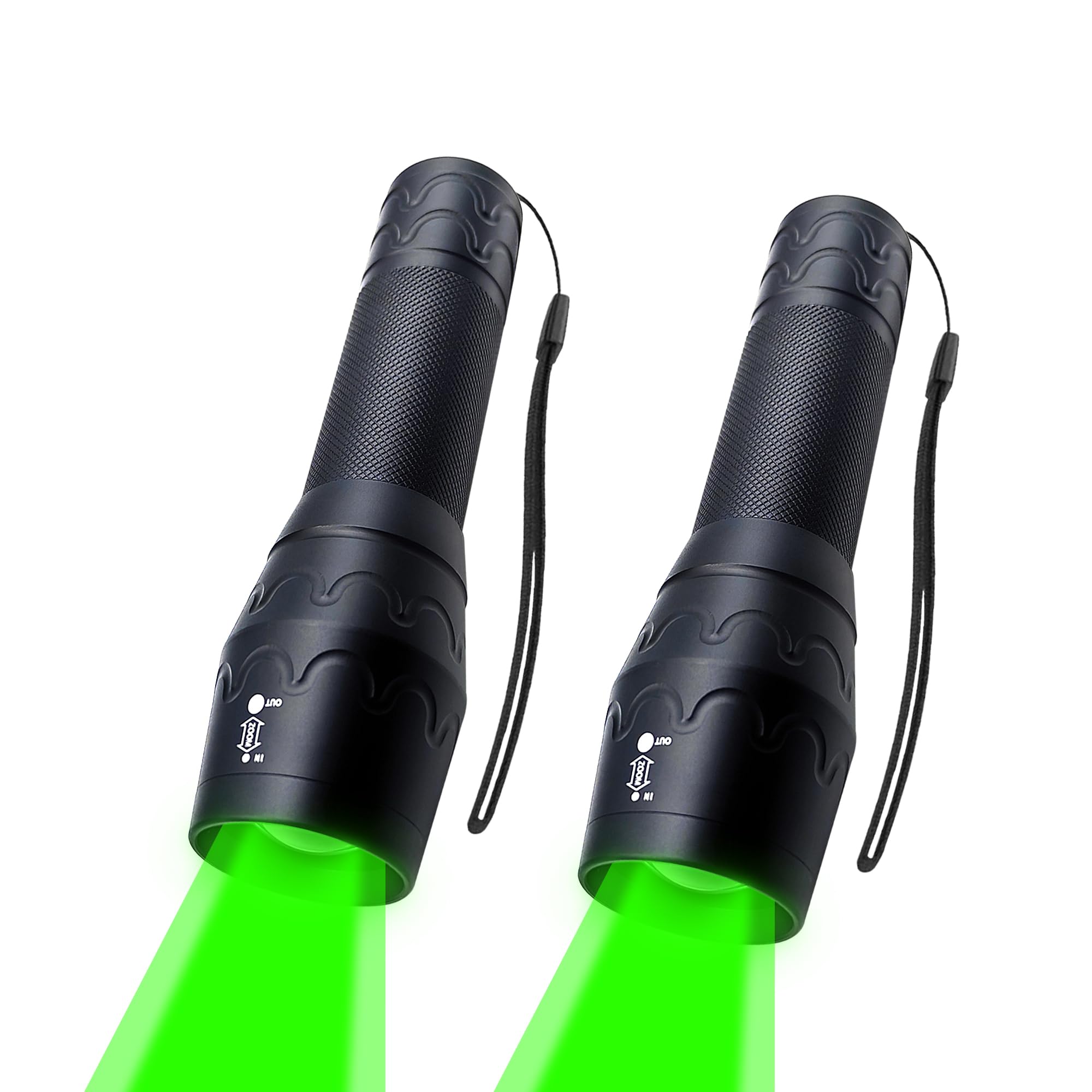 Fadomall Green Light Flashlight Single Mode Adjustable Focus Led Torch For Night Hog Hunting, Fishing, Night Observation, 2 Pack