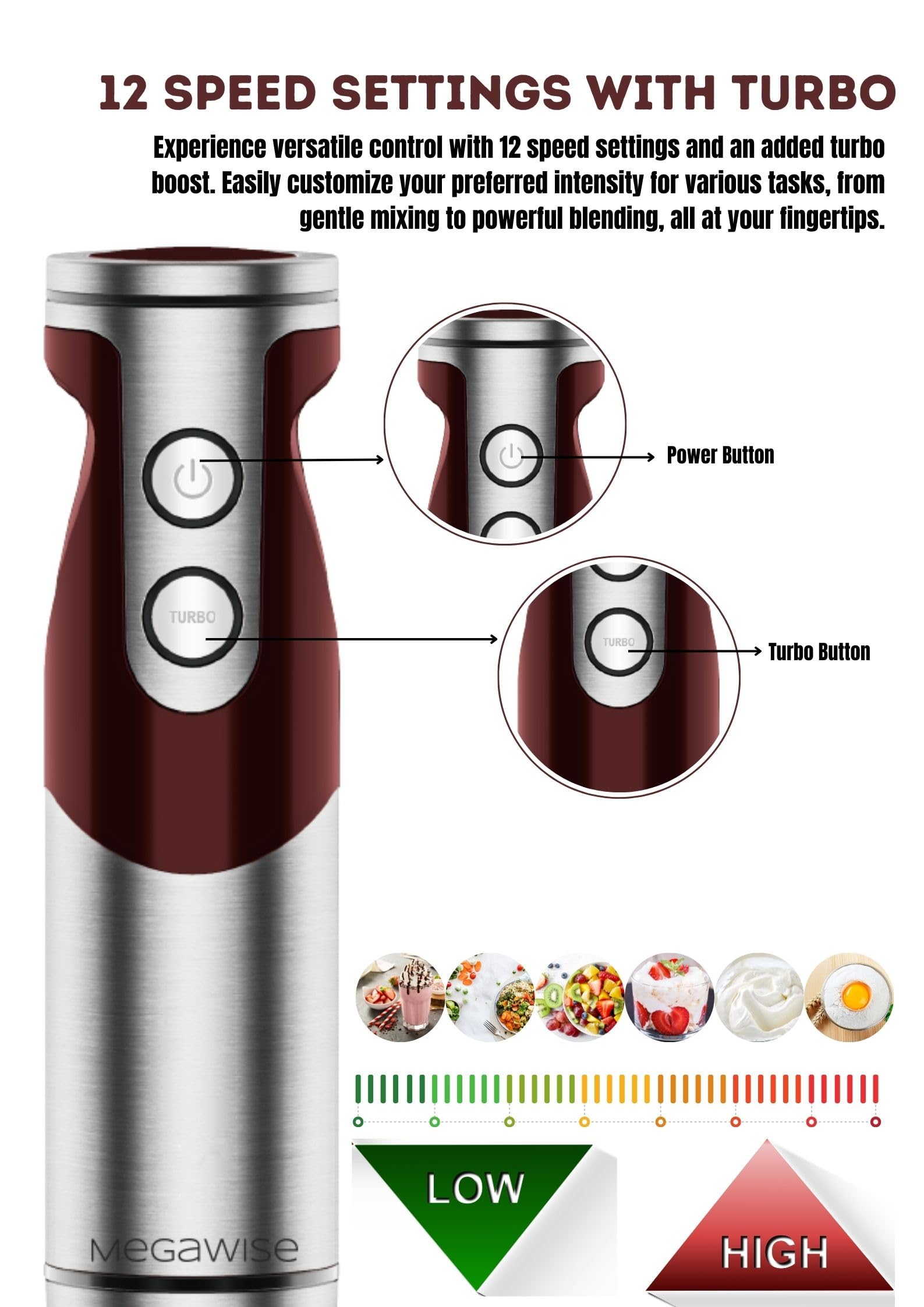 Megawise 3- In-1 Immersion Hand Blender, Powerful Motor & Stainless Steel Stick Blender, 4 Sharpe Blades With Whisk, Milk Frother Attachments