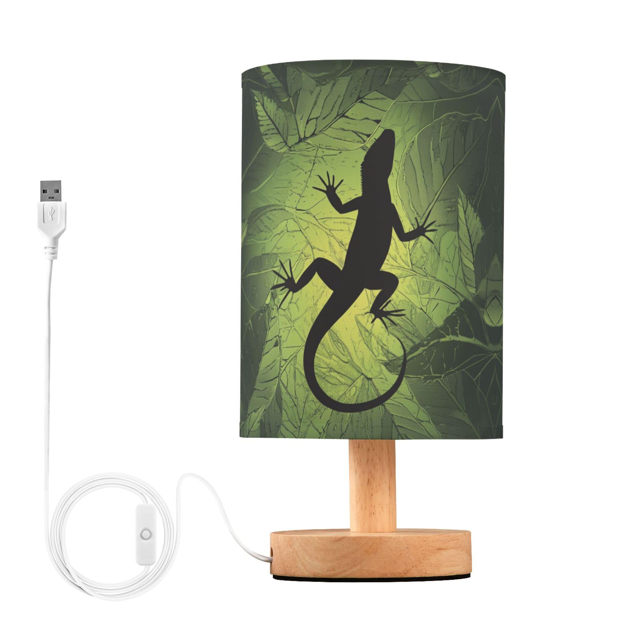 Yyzzh Table Lamp Chameleon Lizard Gecko Shape On Green Leaf Nightstand Lamp With Wood Base Fabric Lamp Shade Bedside Desk Lamp For Living Room Bedroom Kids Room Office