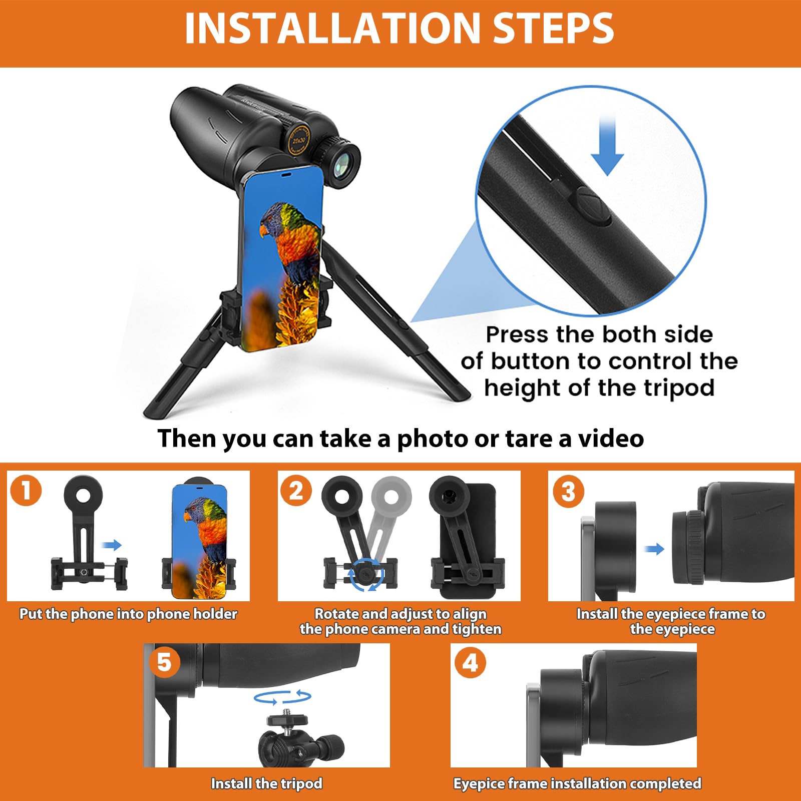 Rodcirant Binoculars 25X30 For Adults With Universal Phone Adapter, Tripod And Tripod Adapter,Large Eyepiece Easy Focus Compact And Waterproof Binoculars For Bird Watching,Hiking And Travel