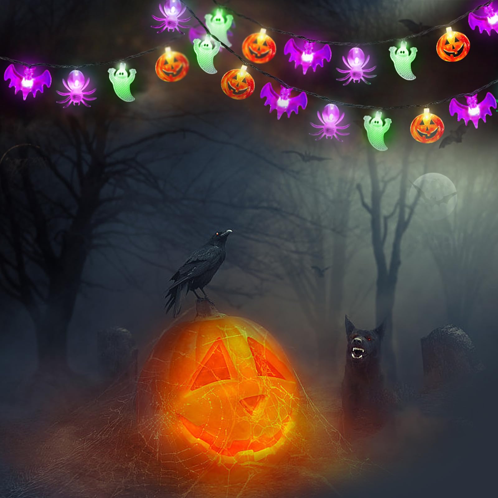 Cyindzchwy Halloween Decoration Lights, 40Led Pumpkin Bat Ghost Battery Operated String Lights, 2 Lighting Modes Waterproof Halloween String Lights For Indoor Outdoor Garden Tree Patio Yard Party Decor