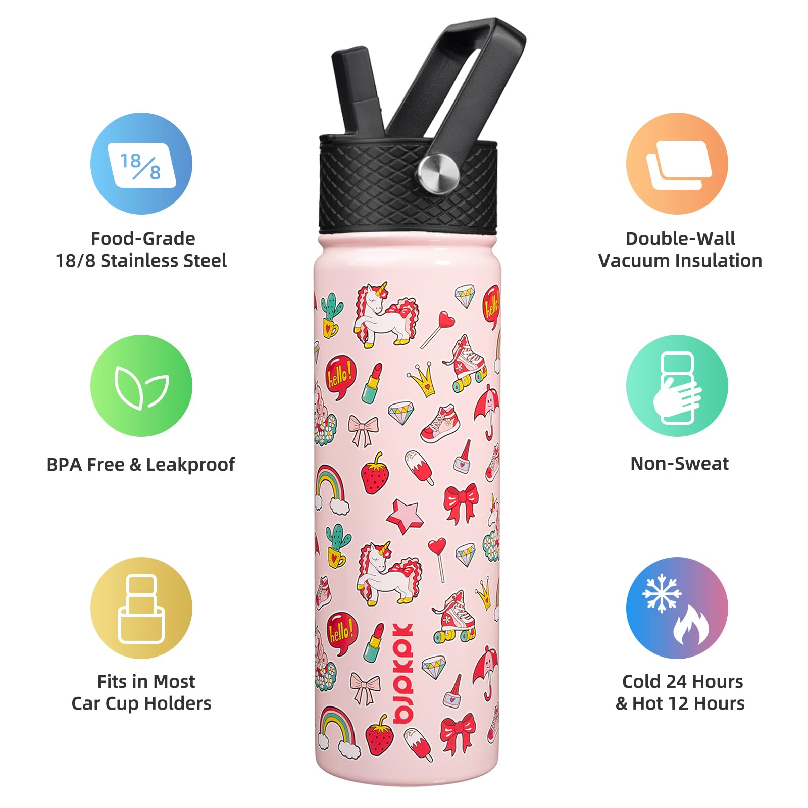 Bjpkpk Insulated Water Bottle With Straw Lid, 22 Oz Stainless Steel Metal Water Bottles, Reusable