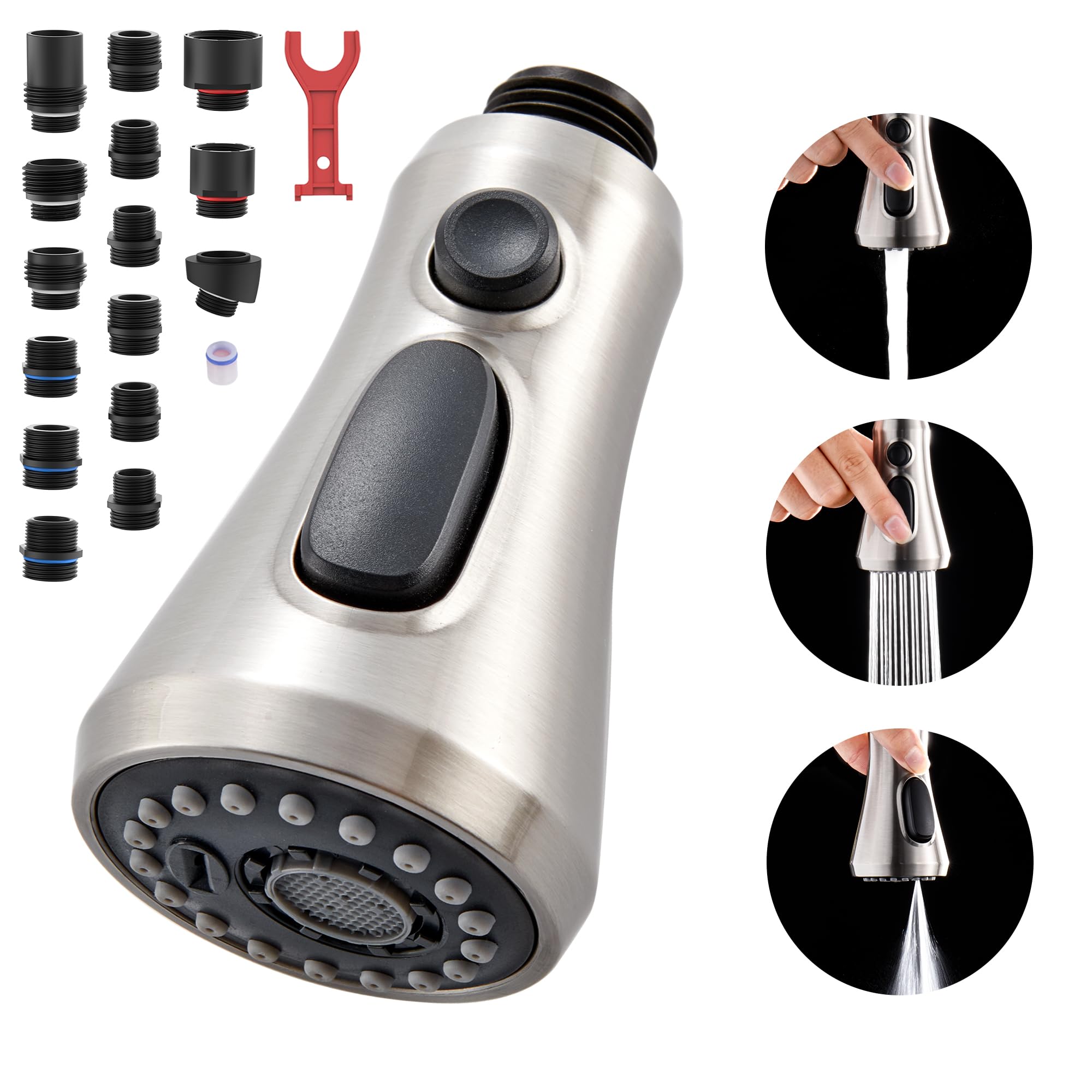 Heisok Kitchen Faucet Head Replacement, 3-Function Pull Down Faucet Spray Head With 15 Adapters - Replacement Pull-Out Sink Spout Sprayer Nozzle, Brushed Nickel