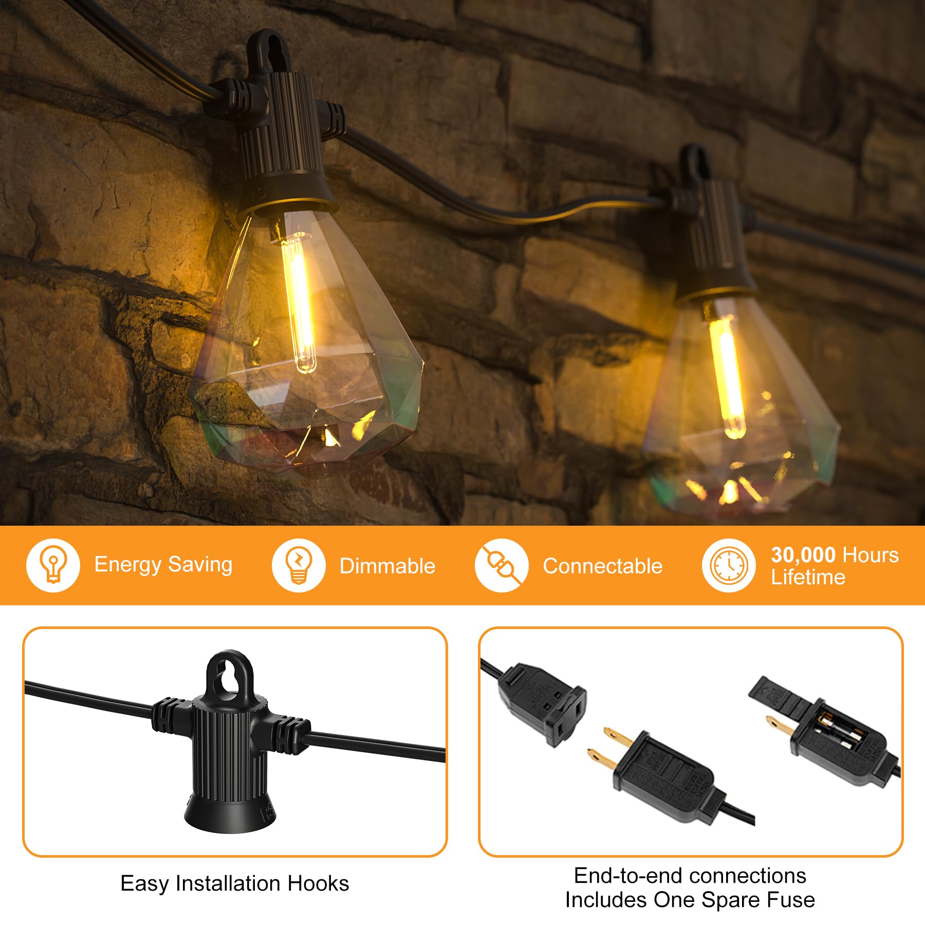 Zuske 50Ft Outdoor String Lights Led Patio Lights String With 25Pcs Shatterproof Diamond Bulbs Ip65 Waterproof Heavy Duty Led Porch String Lights For Outside Porch Yard Garden Party Bistro