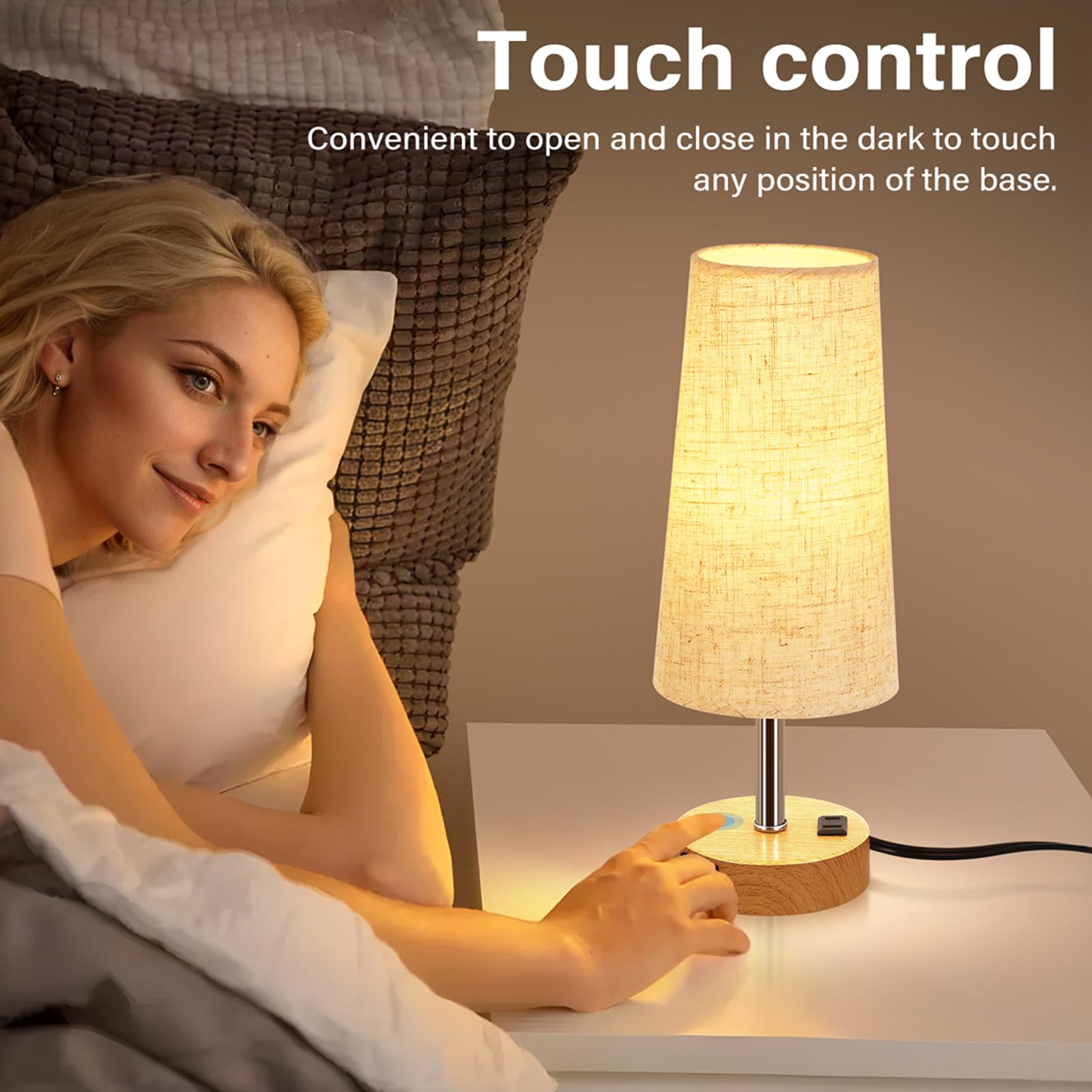 Eleutersun Touch Control Bedside Table Lamp For Bedroom, 3 Way Dimmable With Usb C Charging Ports And Ac Outlet, Small Nightstand Lamp For Living Room Office Dorm Home Office (Led Bulb Included)