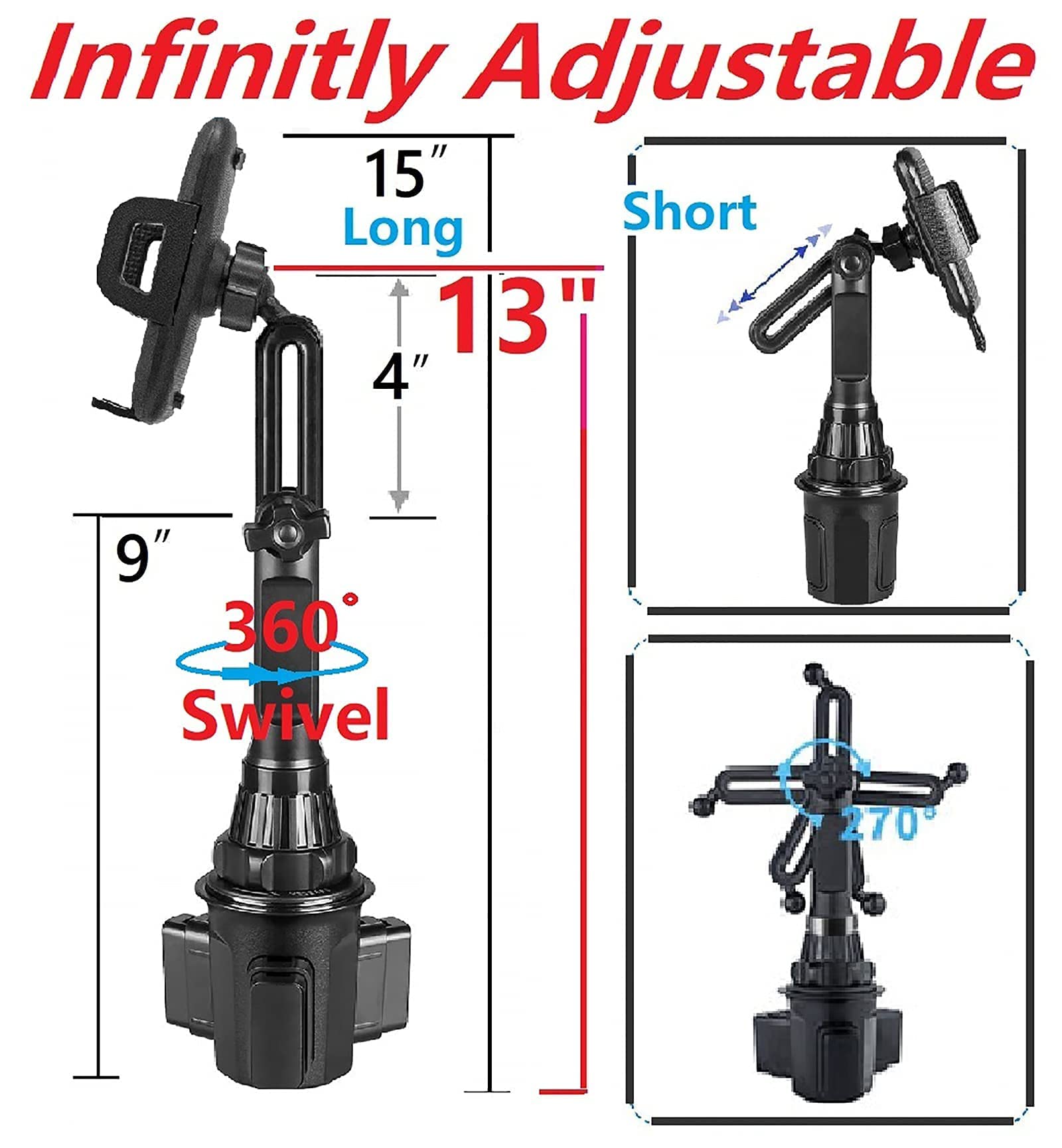Tecotec  Car Cup Holder Phone Holder, Universal 13" Long Neck Cup Phone Mount Compatible With Iphone 15 Pro Max /14/13/S23 Ultra /S22 /Plus Etc