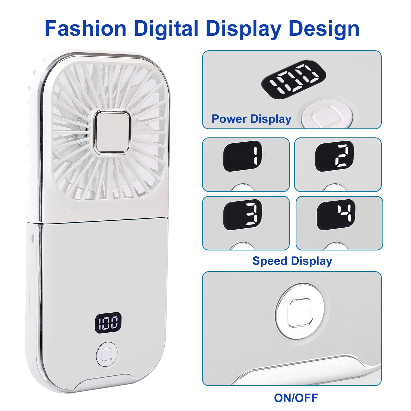 Portable Digital Display Personal Handheld Fan Foldable, Mini Quiet Usb Rechargeable Necklace Fans