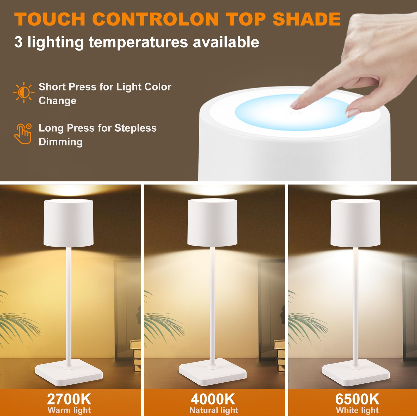 Bkzo 2 Pack Cordless Table Lamp Rechargeable, Wireless Charging Led Table Lamp, Ip54 Waterproof Aluminum Bedside Light, Touch Control, Suitable For Indoor And Outdoor Use, White