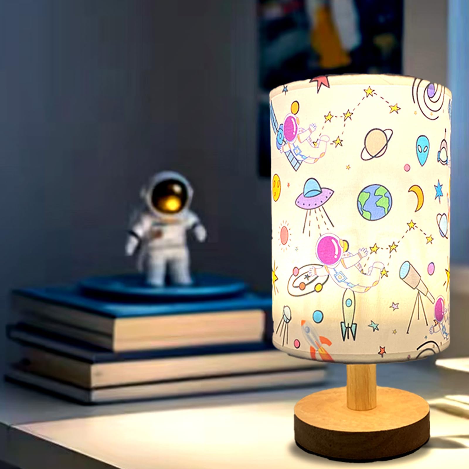Gftdns Astronaut Kids Table Lamp, Astronauts Room Decor For Boys,3 Level Dimmable Wood Nightstand Desk Base Flaxen Fabric Shade For Bedroom Living Room,Astronauts For Boys