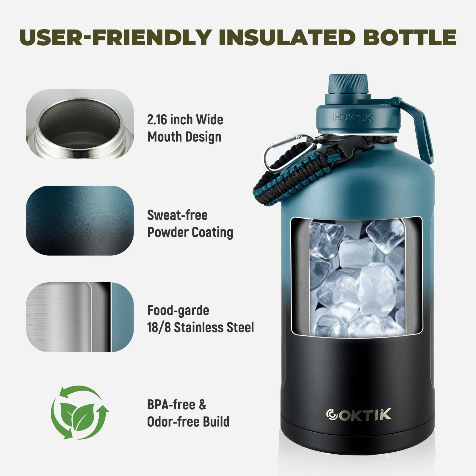 Coktik 128 Oz Insulated Water Bottle, Triple Wall Stainless Steel Flask, Keeps Drinks Cold For 48 H