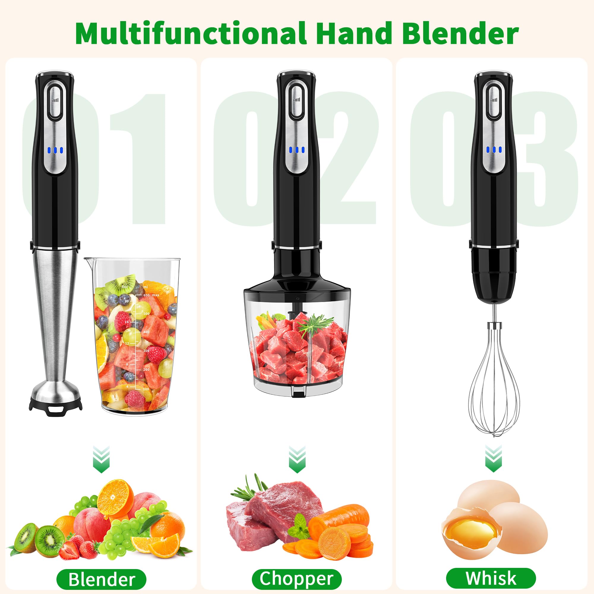 Binroc Cordless Immersion Blender Handheld, Rechargeable 4 In 1 Electric Hand Blender Stick Blender Variable Speed With Chopper, Beaker, Whisk, Stainless Steel Blade For Soup, Baby Food, Smoothies