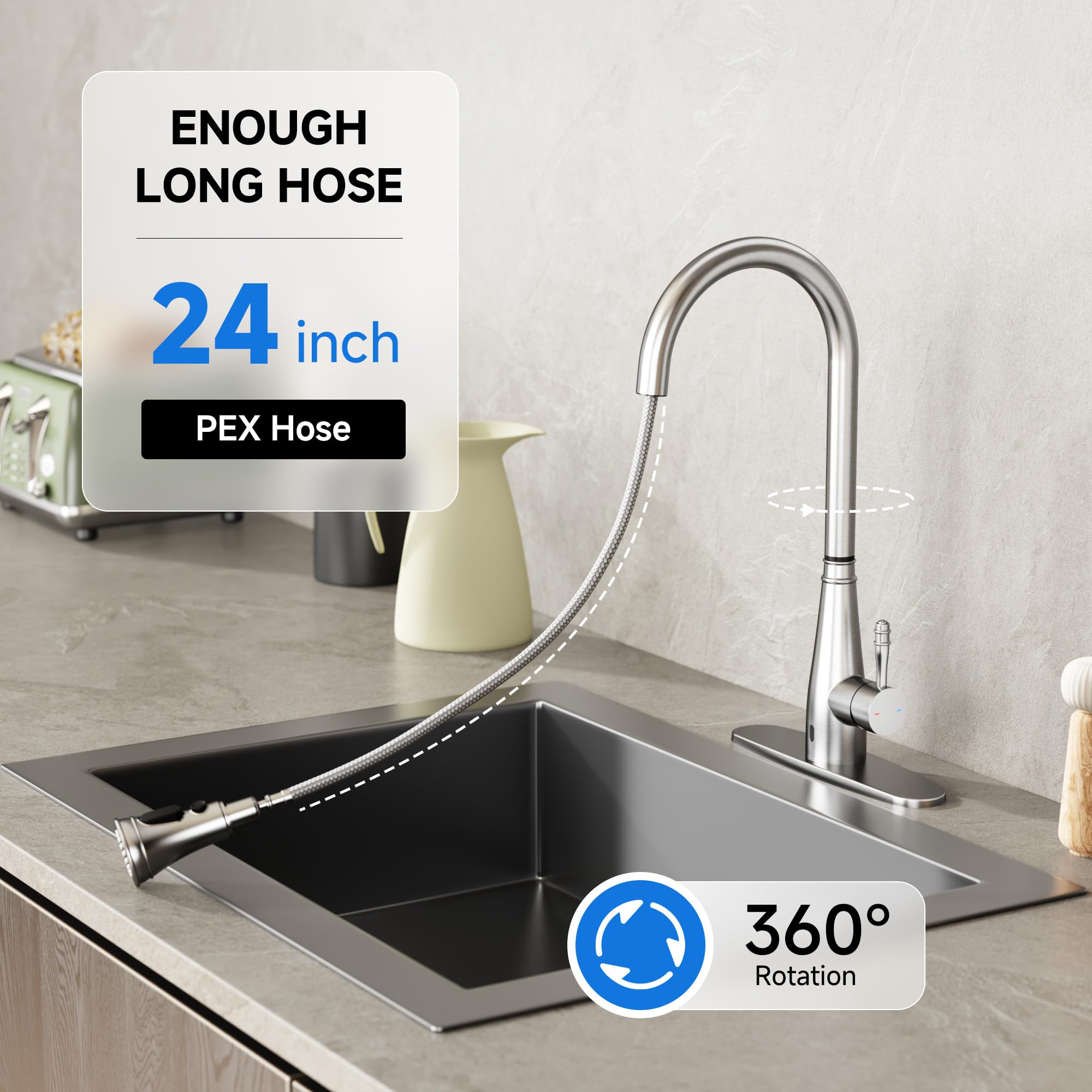 Kpaida Touchless Kitchen Faucets, Pull Down Kitchen Faucet, Kitchen Faucet With Pull Down Sprayer, 360° Swivel Infrare Motion Sensor Hands , Brushed Nickel