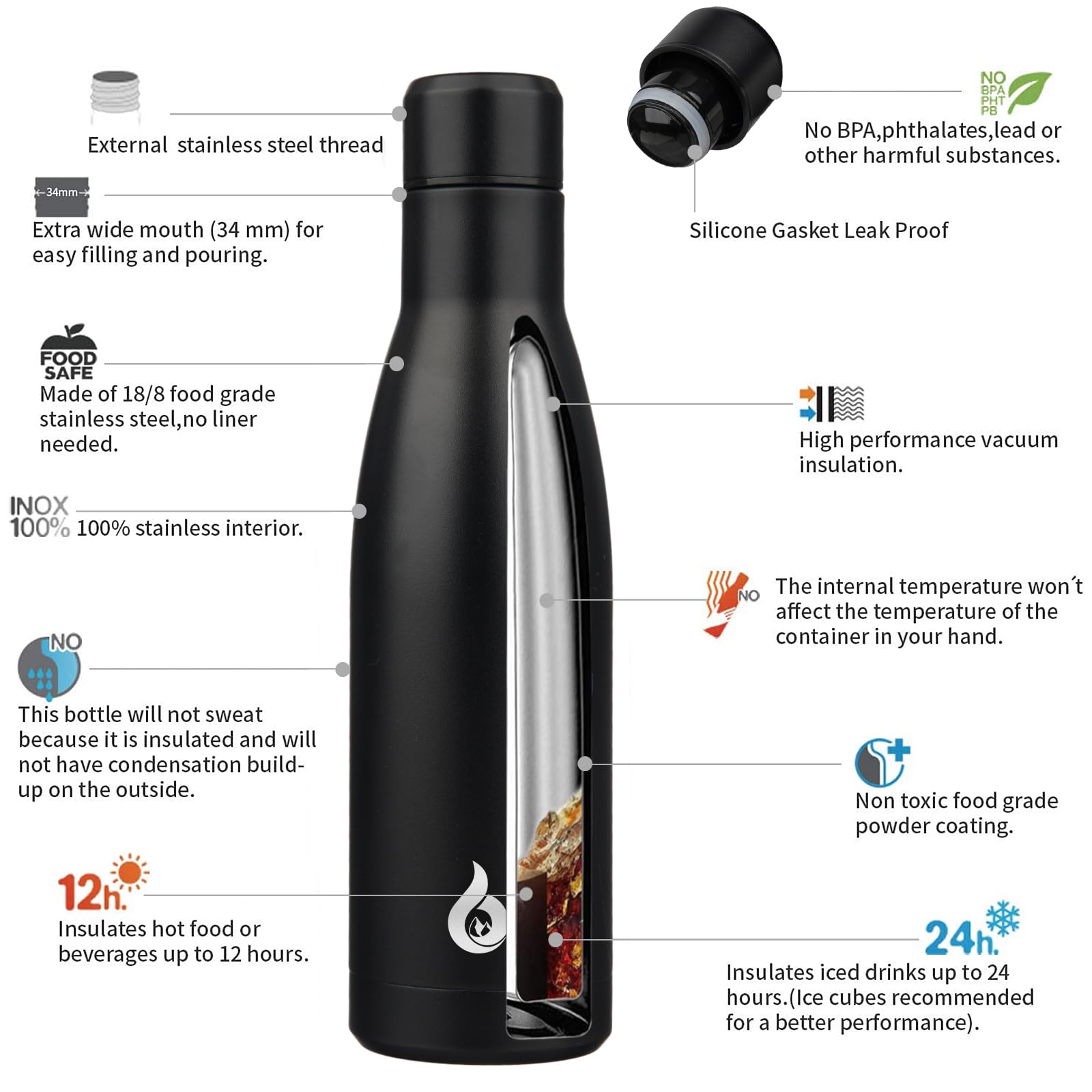 Bjpkpk Insulated Water Bottle 17Oz Stainless Steel Water Bottles Dishwasher Safe Metal Thermos Keep