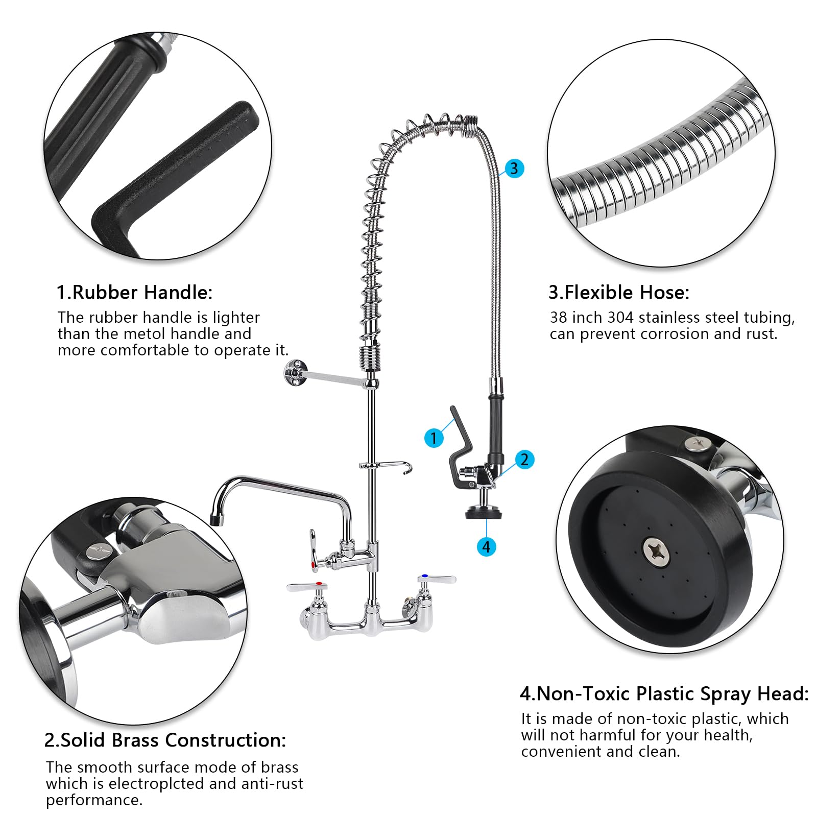 Kanoney Spray Valve With 44" Pre Rinse Hose, Flexible Stainless Hose 1.42 Gpm Commercial Sink Dish Sprayer Head With Ergonomic Handle Replacement Kits For Wall Mount Kitchen Restaurant Faucet, Black