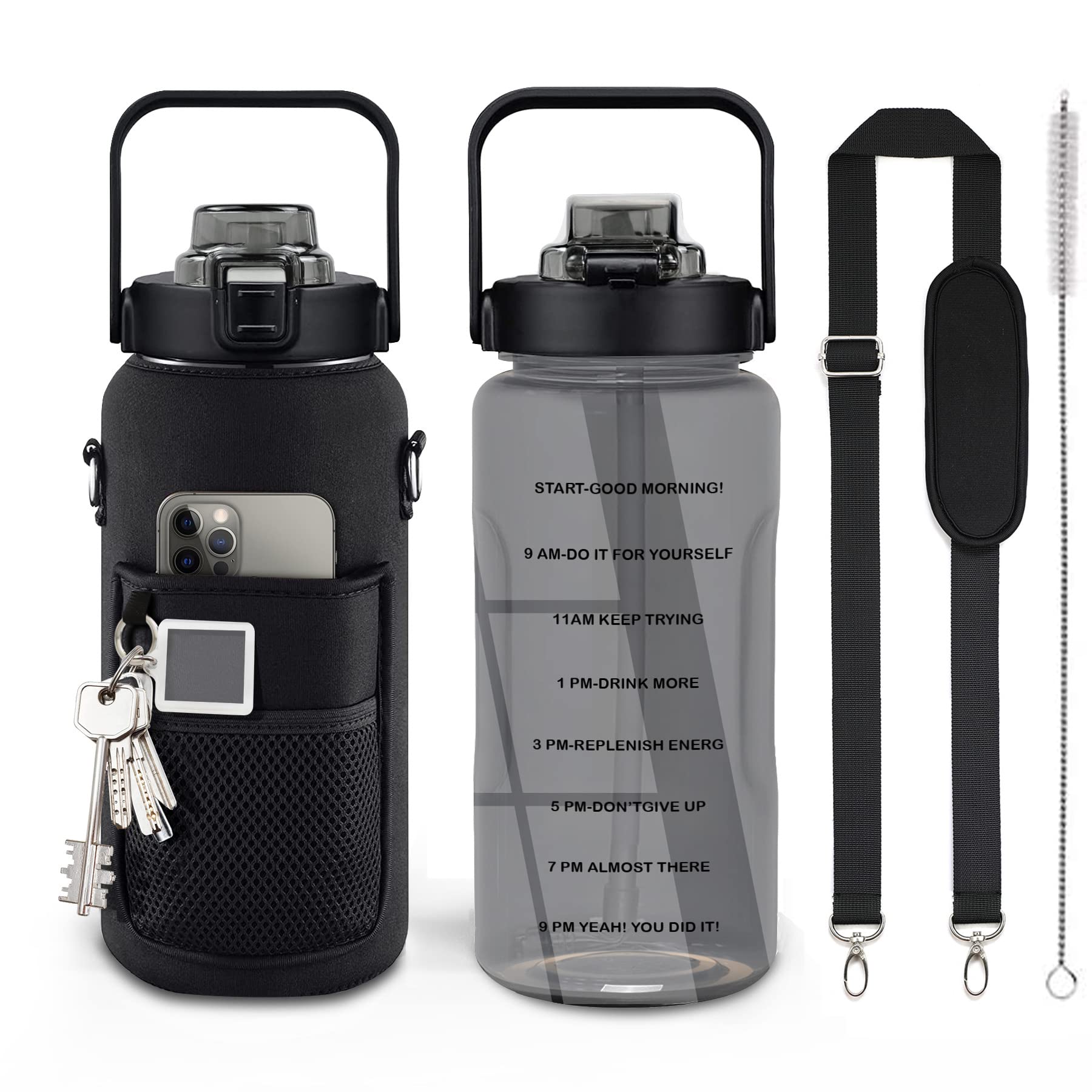 Half Gallon Water Bottle With Sleeve, 64Oz Motivational Water Bottle With Straw & Time Marker