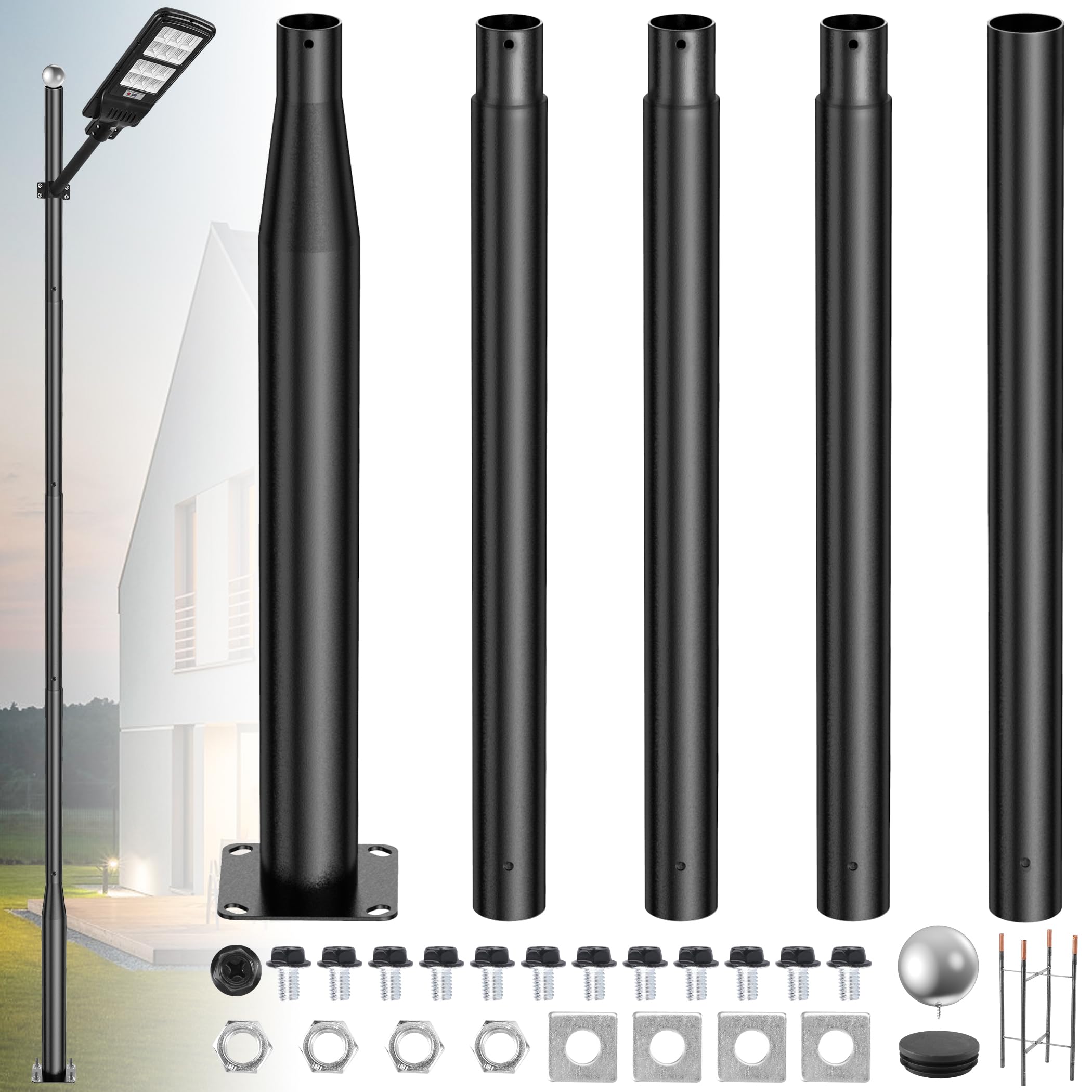 Ftieonmg Tall Street Light Pole-16.5Ft, Street Lamp Post For Outdoor Lights With Base, Solar Street Light Pole Accessory For Backyard, Street, Patio,Park,Parking Lots, Exterior House