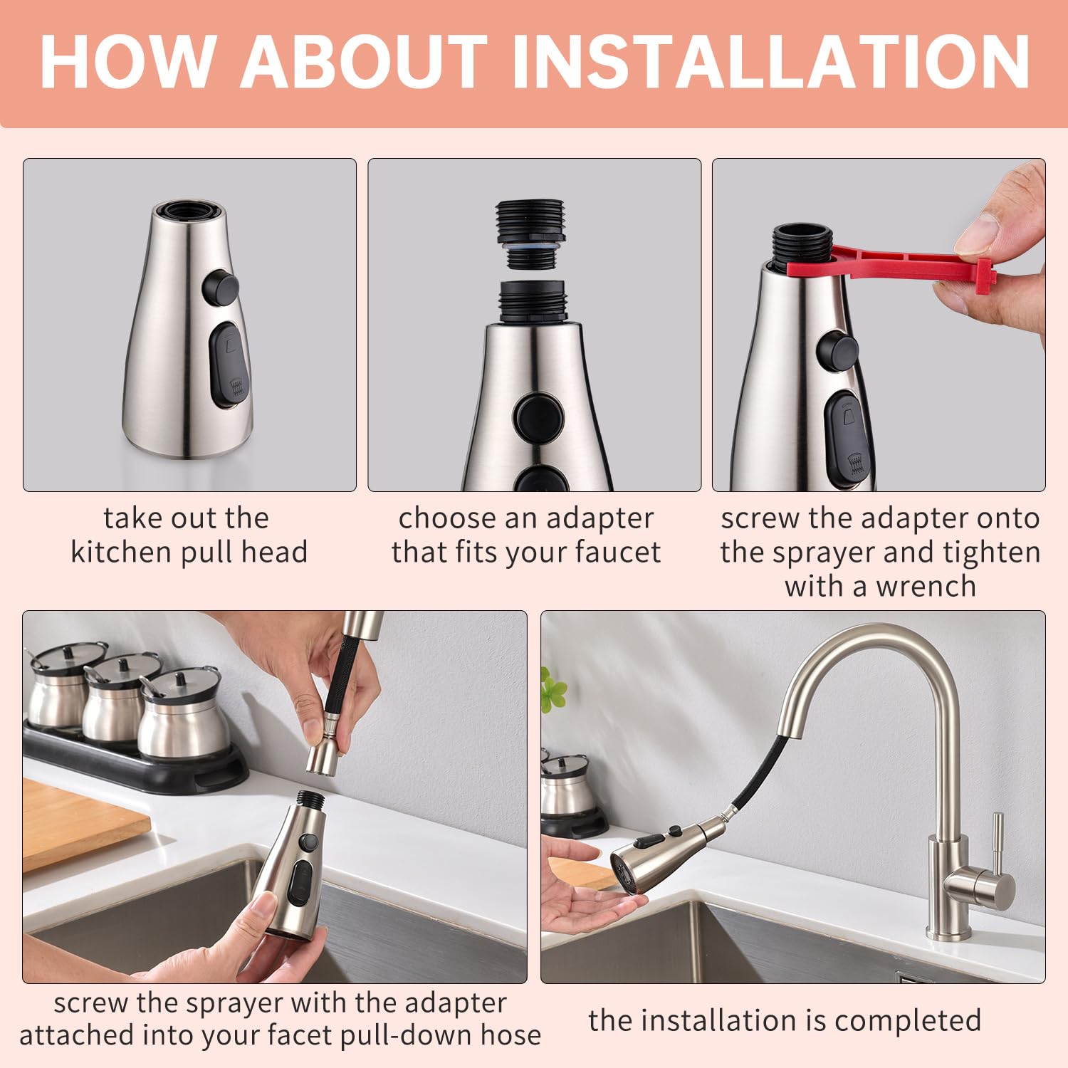 Uksks Kitchen Faucet Head Replacement 3 Modes With 11 Adapters, Pull Down Spray Head For Kitchen Faucet, Sprayer Head Replacement