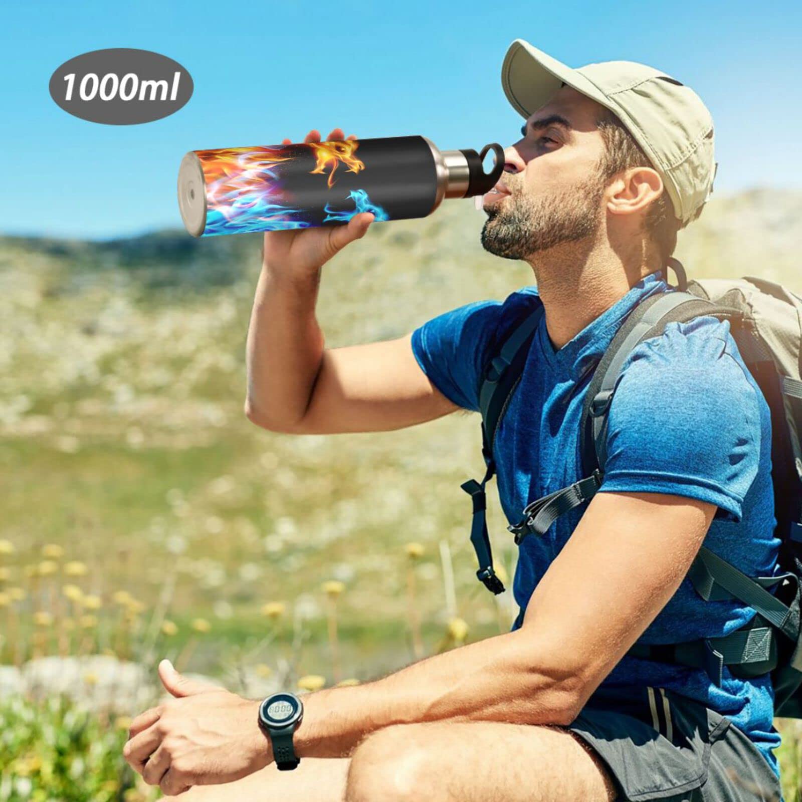 Kcldeci Red Blue Fire Dragon Sports Water Bottle 20 Oz Straw Lid Leak Proof Vacuum