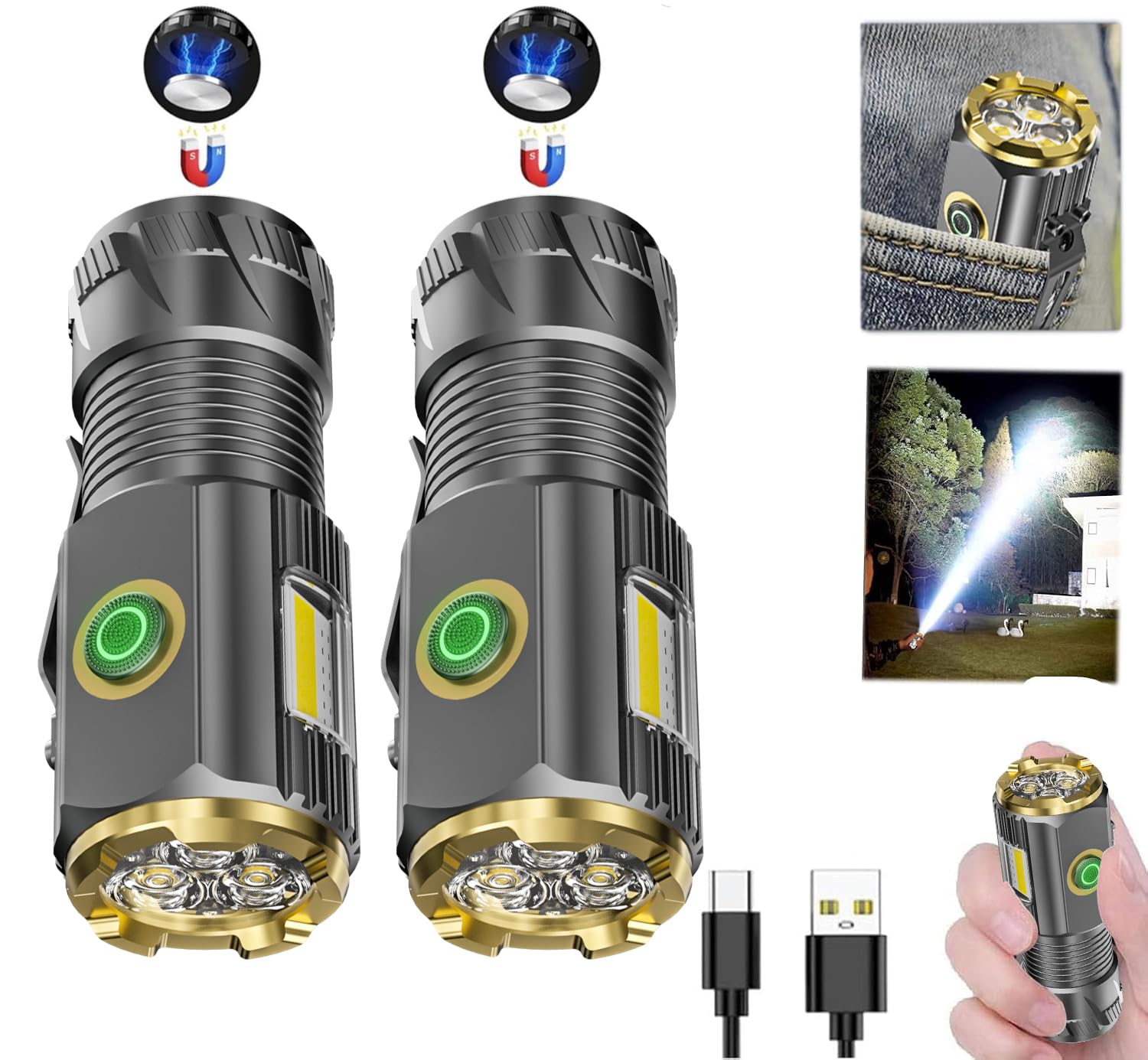 Aiersen Rechargeable Mini Led Flashlight, 9000 Lumens Ultra Bright Small Flashlight, With Clip And Magnet, Ipx6 Waterproof, 6 Modes, Suitable For Camping, Hiking, And Emergency Situations (2-Piece Set)