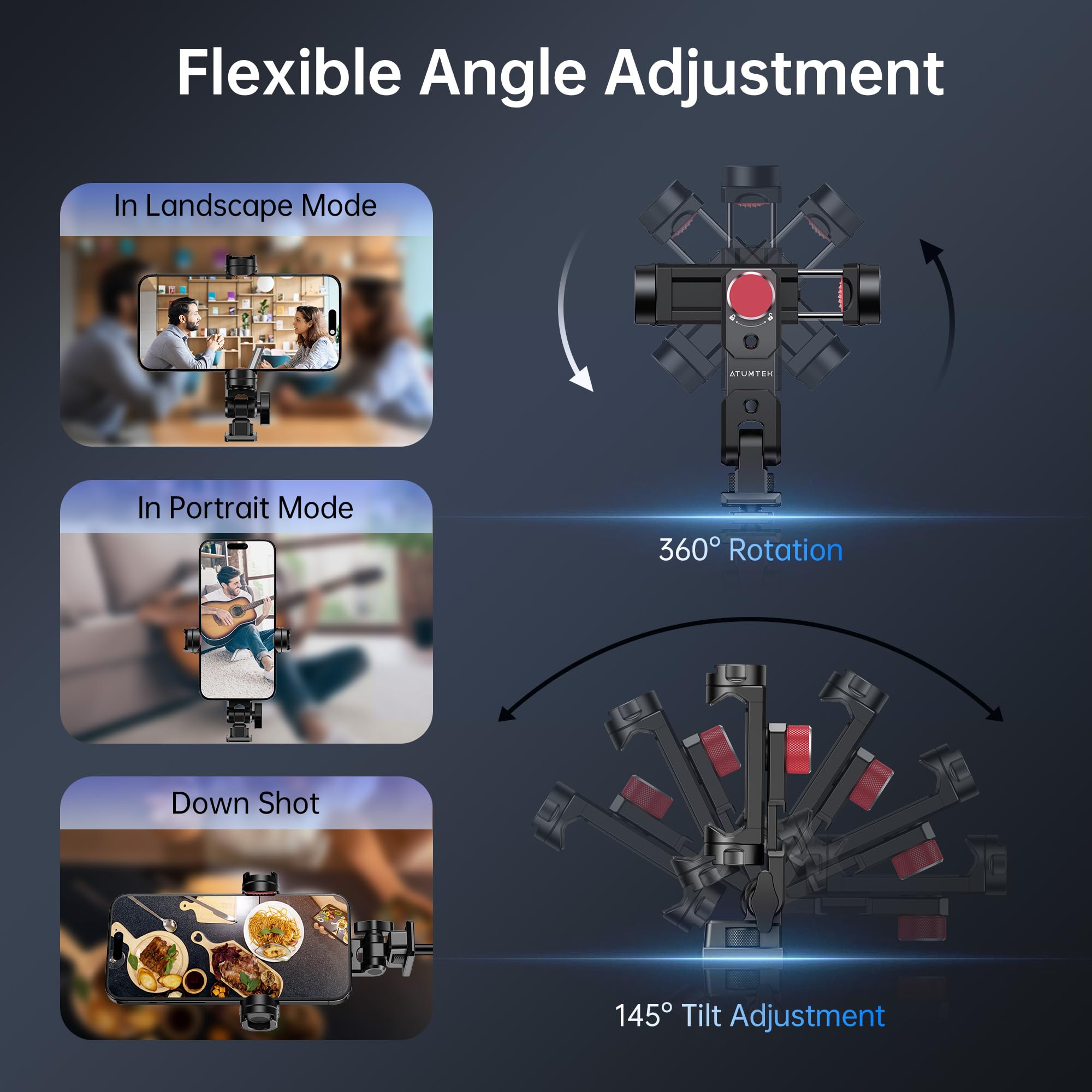 Atumtek Metal Phone Tripod Mount, Universal Aluminum Smartphone Mount Adapter With 3 Cold Shoe, 3 1/4" Screw Mount, Arca Port And 1 Convertible Cold Shoe Adapter, 360° Rotation & 145° Tilt Angle