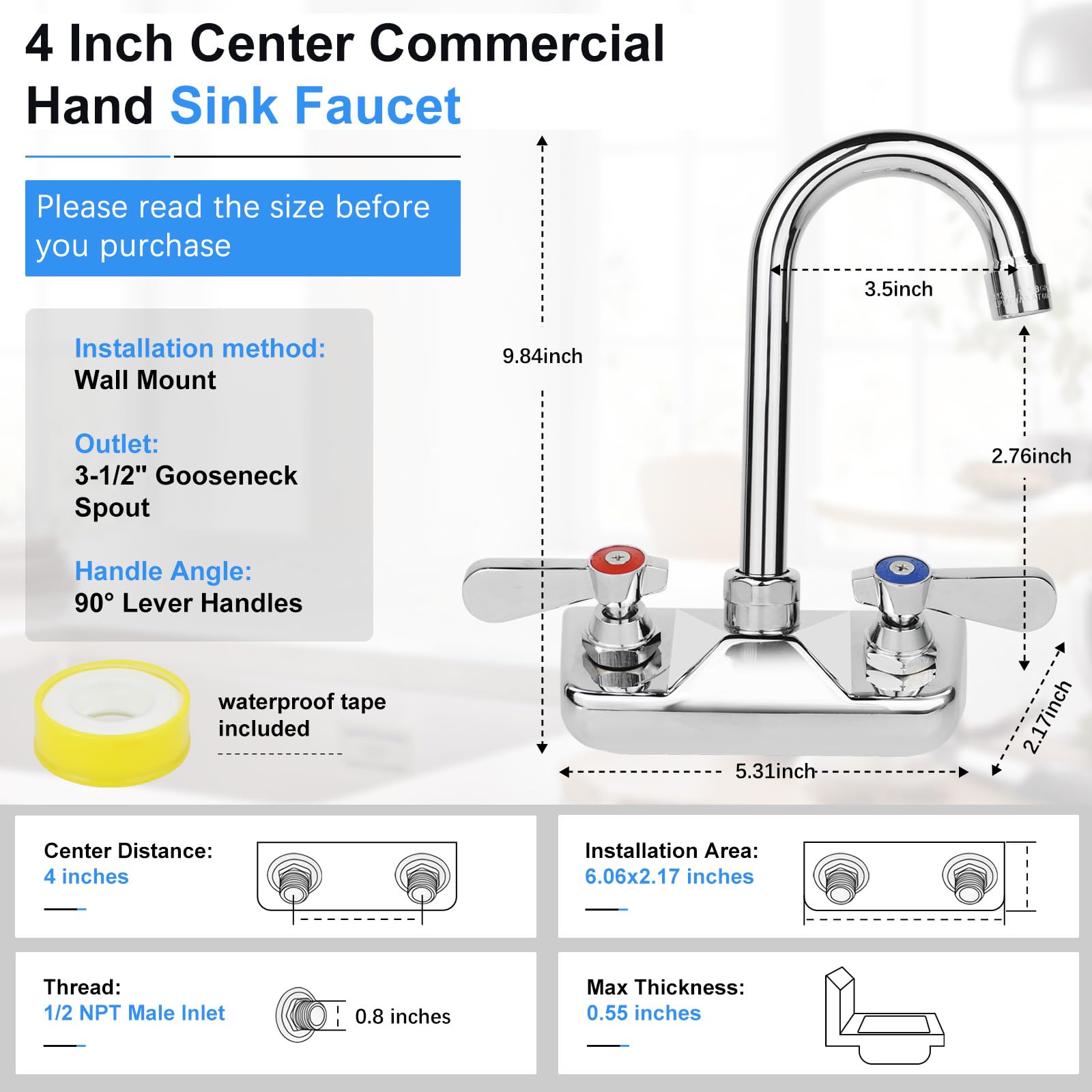 Zkdausdo 4 Inch Center Commercial Sink Faucet Wall Mount Kitchen Hand Sink Faucet, 1/2" Npt Male Inlet, Brass Constructed & Chrome Polished, With 3-1/2" Gooseneck Spout & Dual Lever Handles