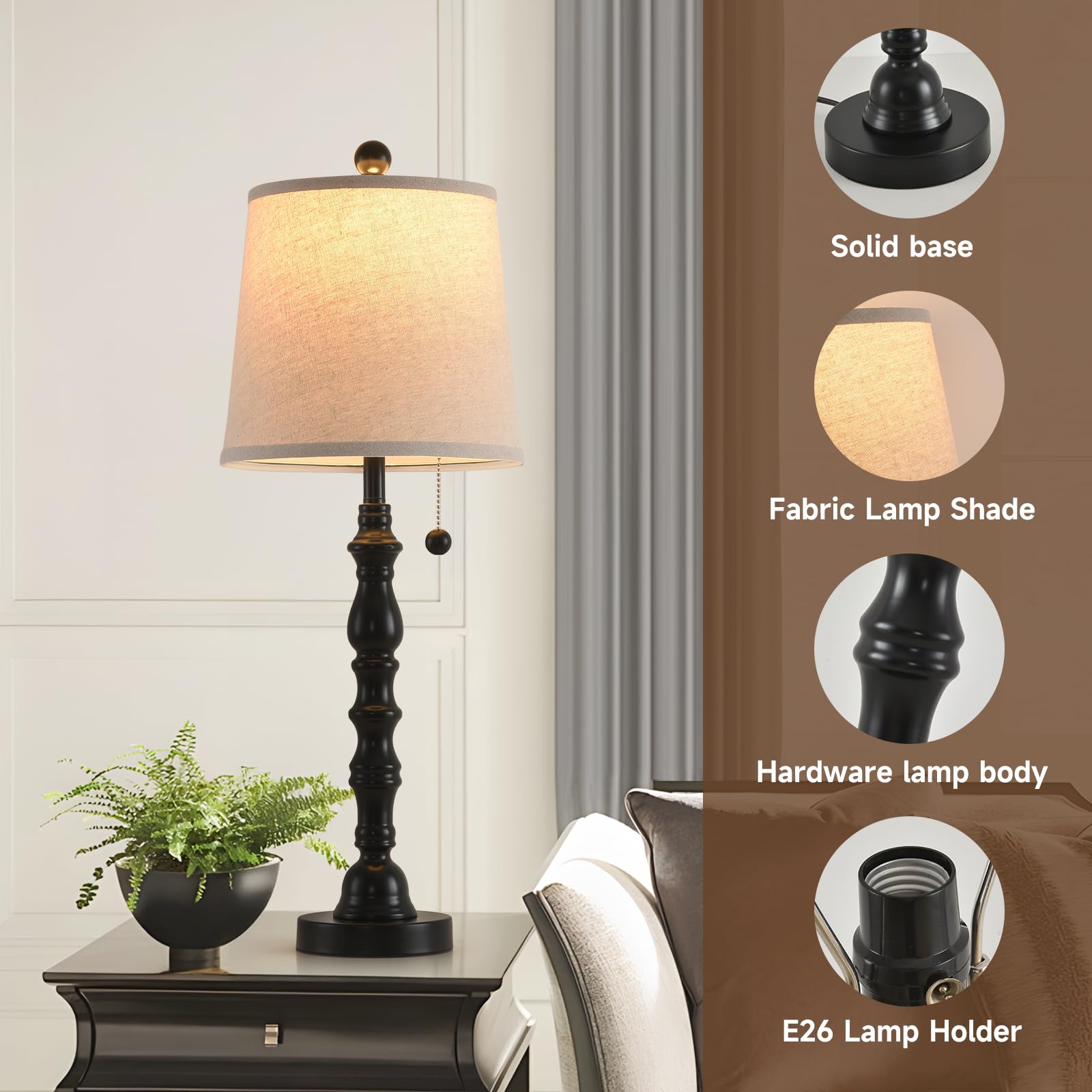 Terpsichore Lamps Set Of 2 Modern Farmhouse Table Lamp Bedside Reading Lights Living Room End Lamps Night Stands Bedroom Night Light,High 26.25 Inch,Black,With Fabric Lamp Shade,Bulb Not Included