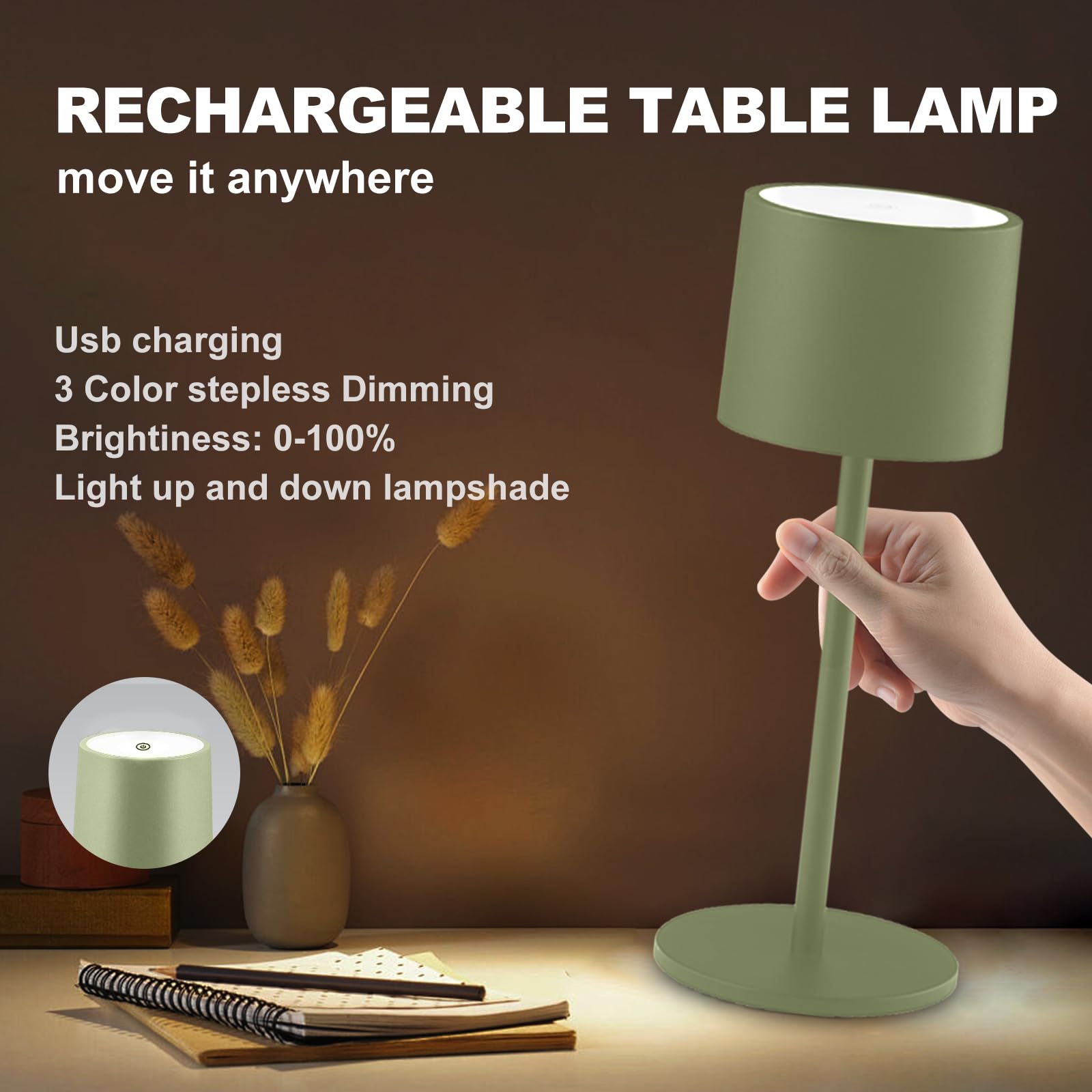 Bkzo 2 Pack Rechargeable Table Lamps, Battery Powered Led Desk Lamp, 3 Color Stepless Dimming Up, Portable Table Light For Bedroom/Couple Dinner/Desk/Cafe/Dining Room/Terrace,Waterproof & Wireless